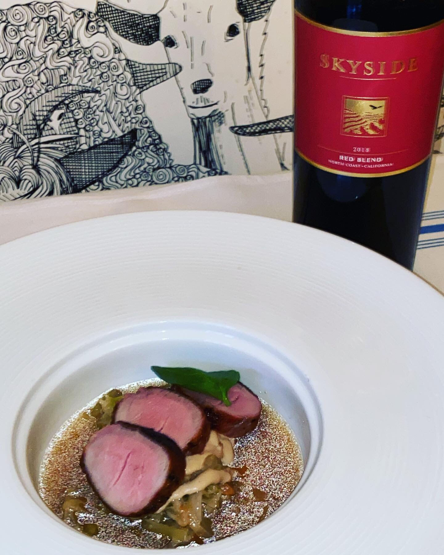 Third Course is Ember Roasted Pork Loin with peanut braised cabbage, mushroom consomm&eacute; paired with Sky Side, Red Blend, North Coast, CA 2018 #thefrenchgoat #lewisburgwv #bonappalachia #simplygbv #bistrolife @moethennessy