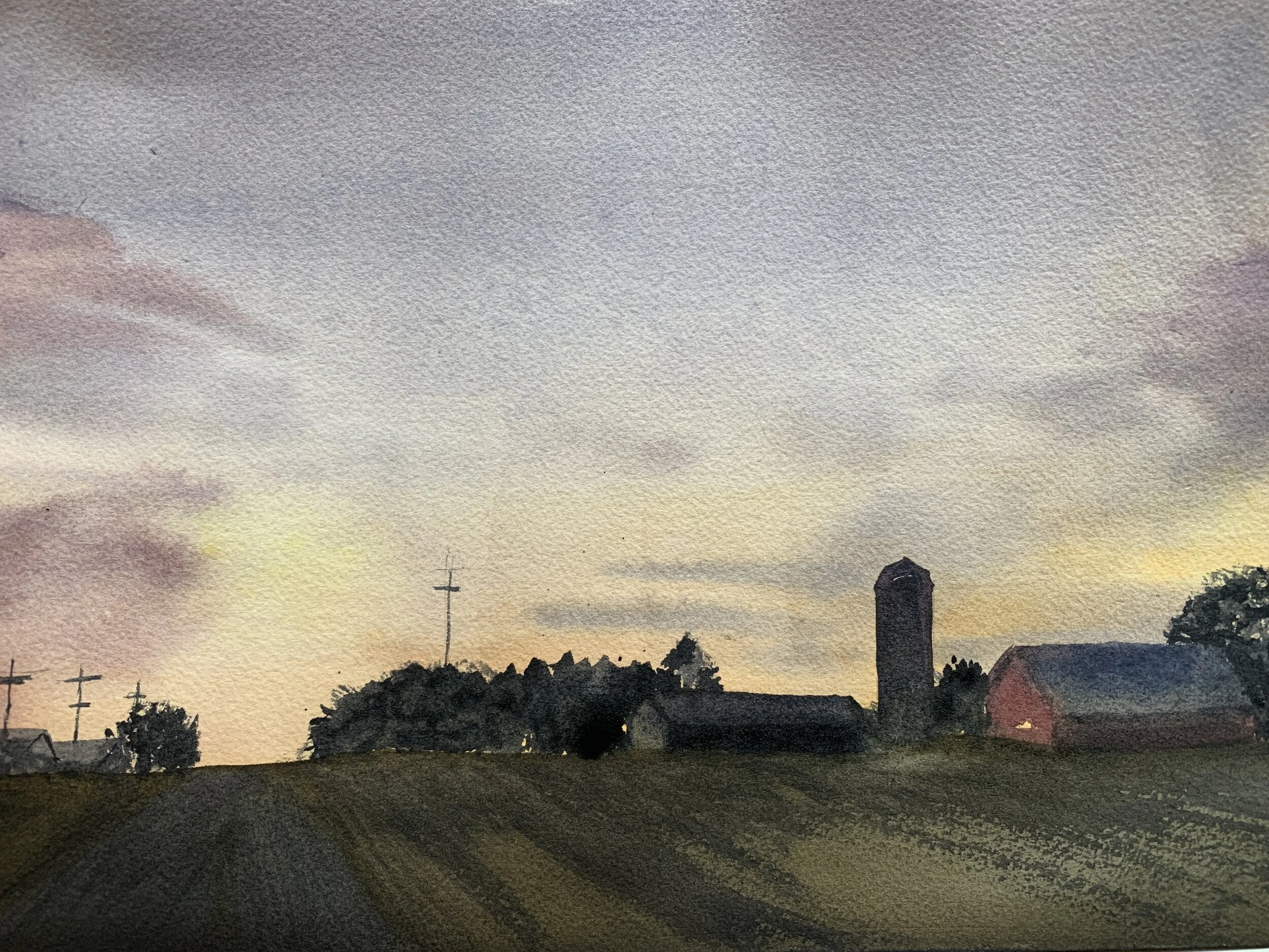 farmhouse at sunset, watercolor 2020, not for sale