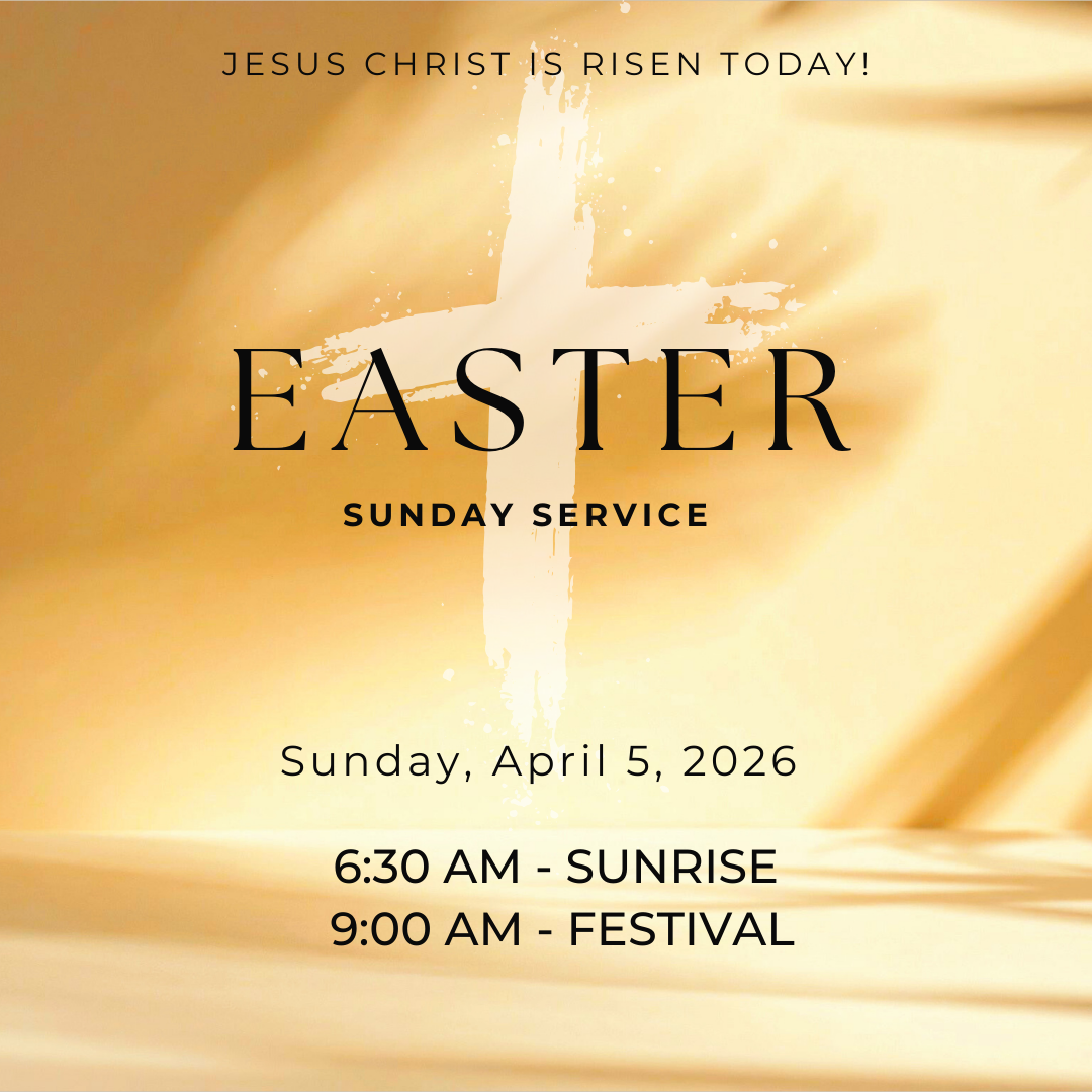 Easter Sunday service announcement with a cross and sunrise background, stating services on April 5, 2026, at 6:30 AM and 9:00 AM.