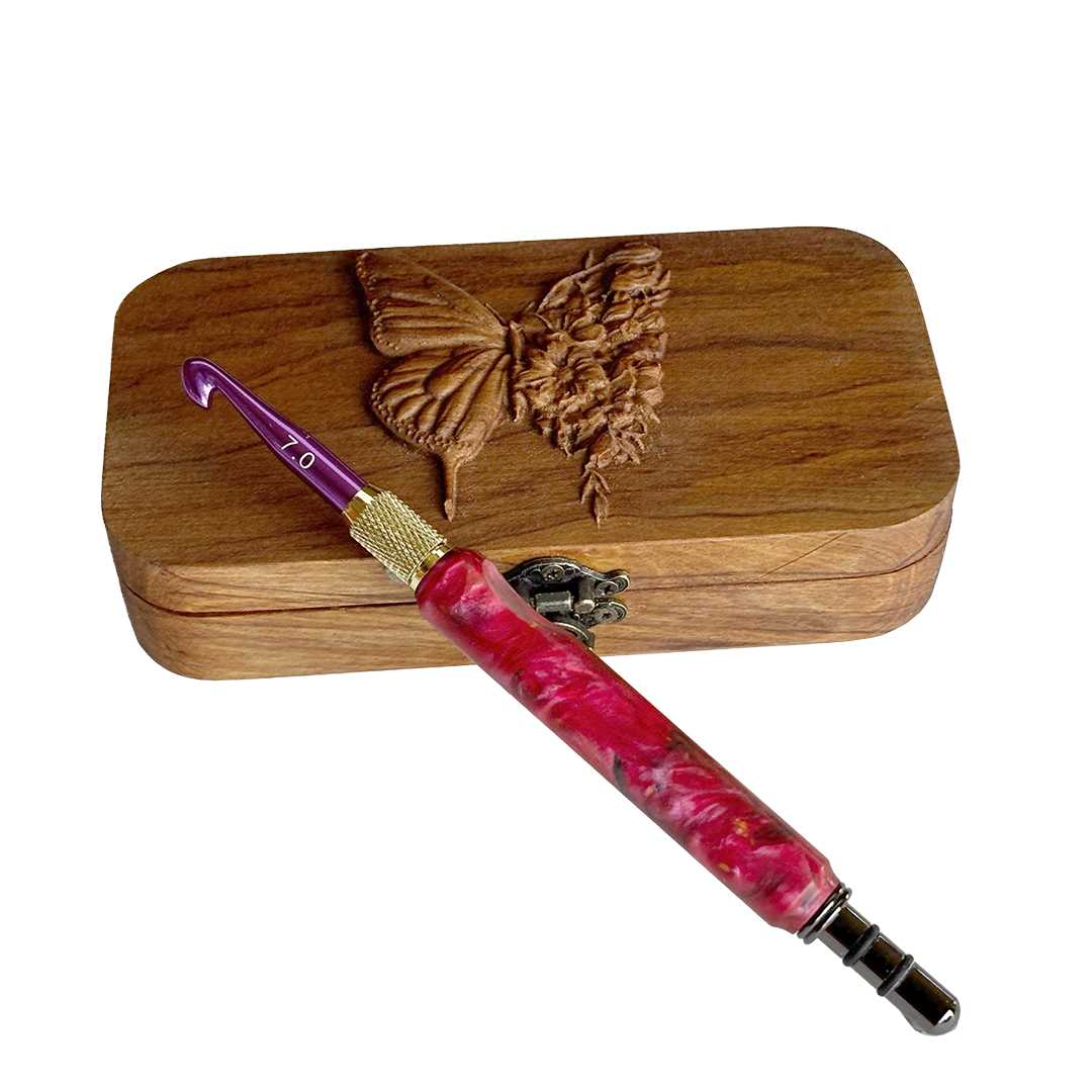 Handcrafted Crochet Hook set with Butterfly&Flower engraved on lid with Handle