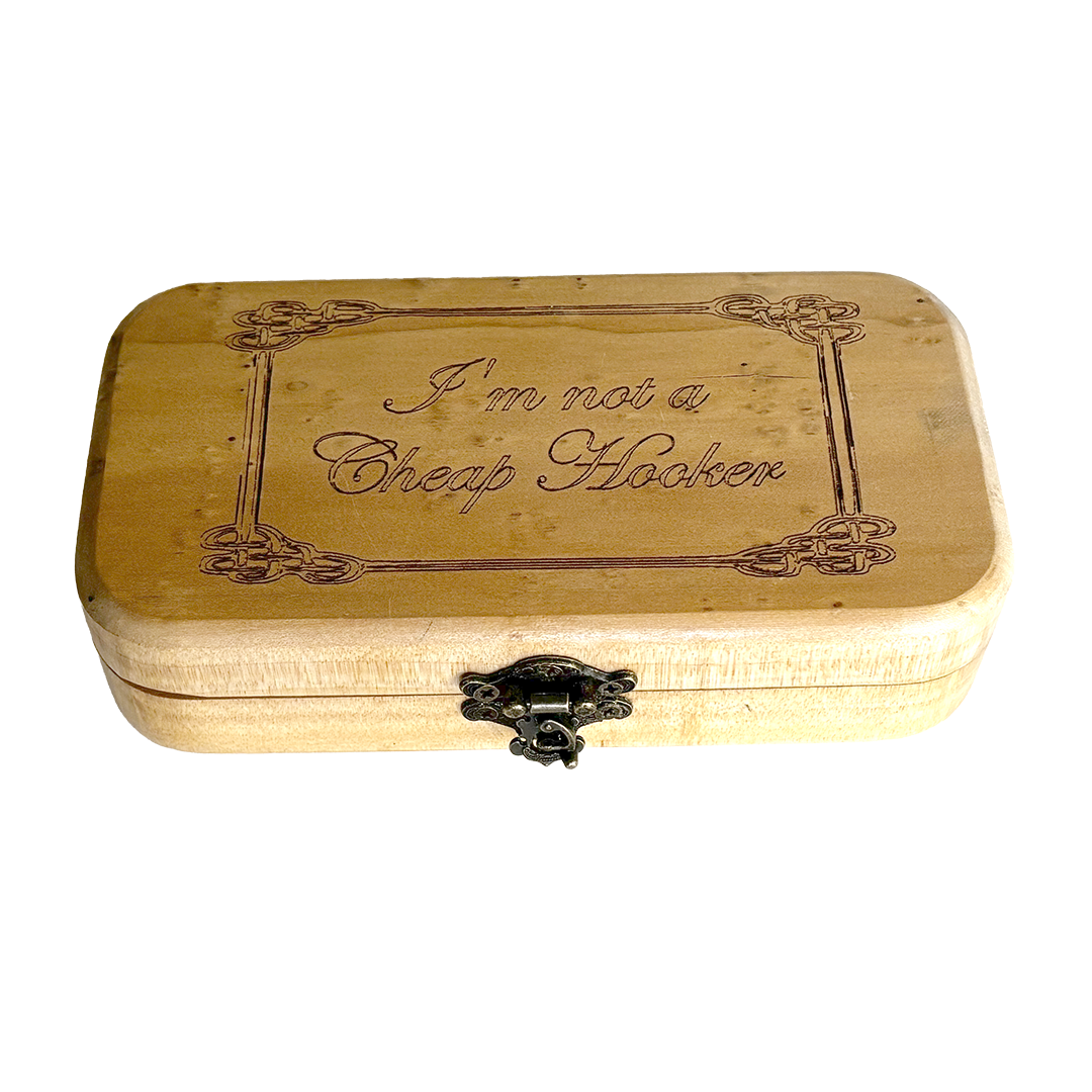 Wooden Crochet Hook Set made from Macrocarpa. Has laser engrave text saying I am not a cheap hooker