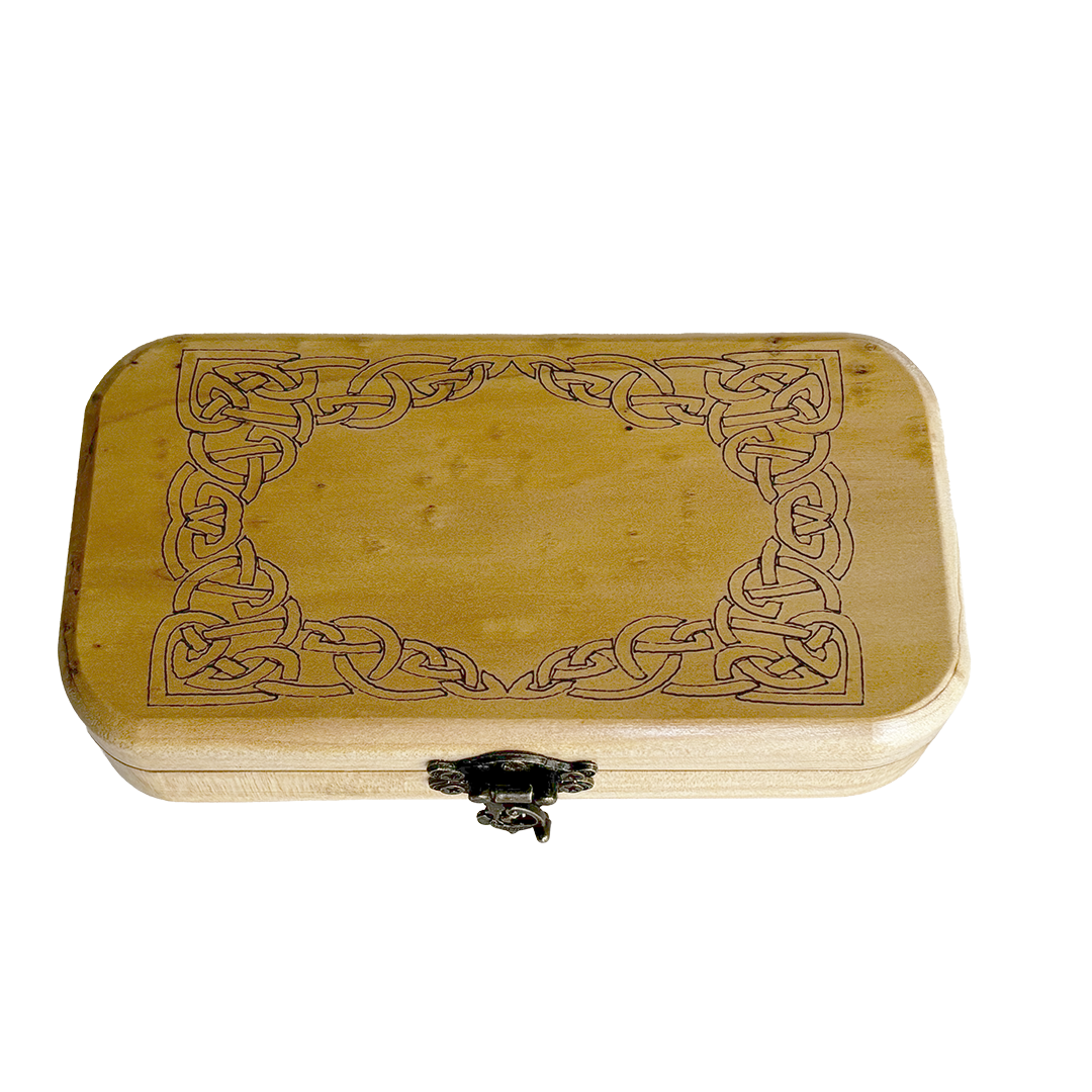 Wooden Crochet Hook Box made out of Macrocarpa by Wildwood Pens. It has a celtic knot engraved on the lid