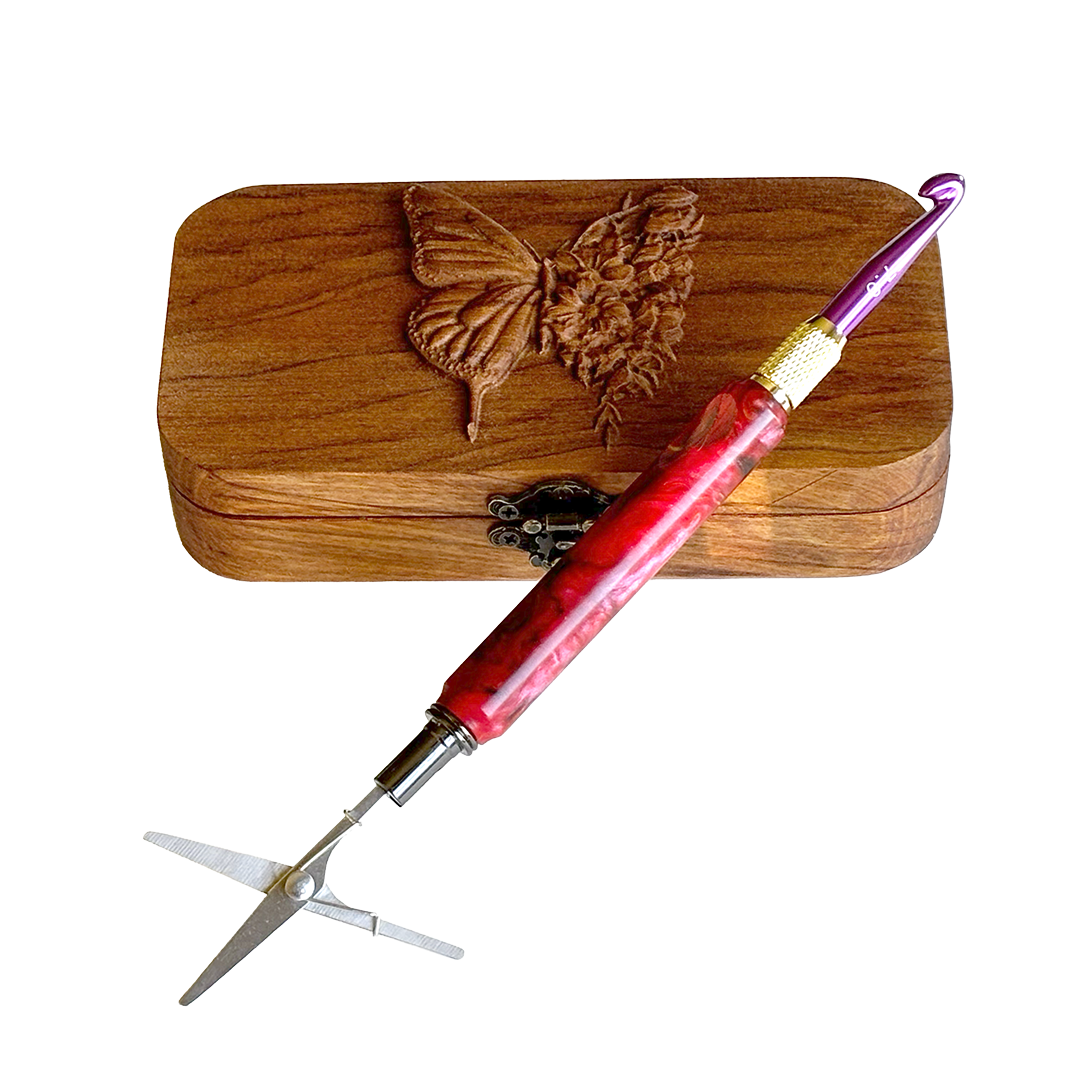 Handcrafted Crochet Hook set with Butterfly&Flower engraved on lid with Handle