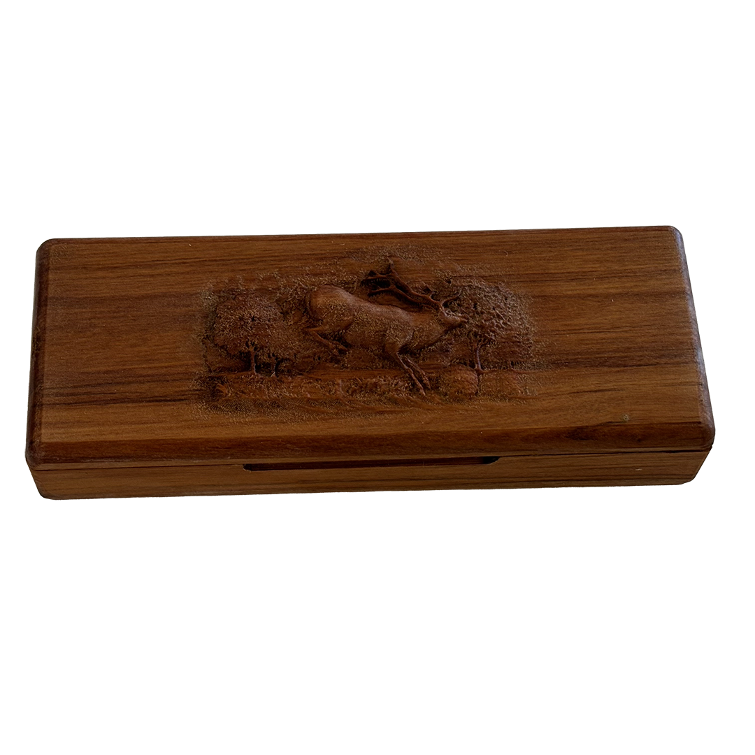Rimu Pen & Pencil Case with fleeing Stag carved onto lid