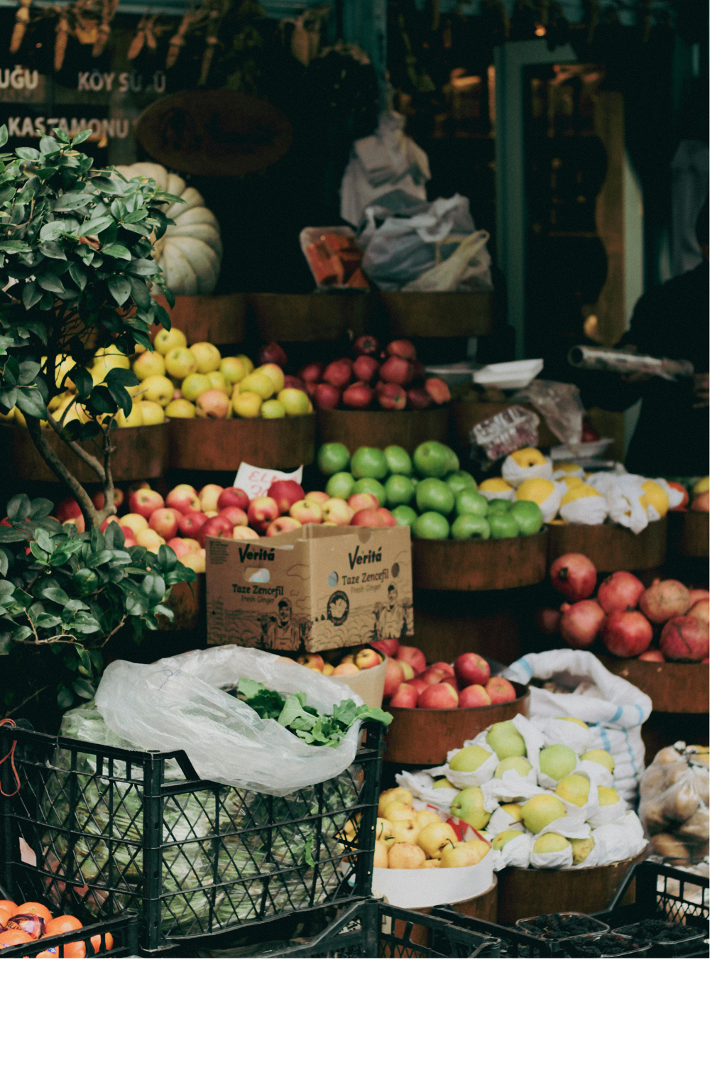 A fruit stand selling apples, pears, and other produce, with a potted plant in the foreground and a person shopping in the background.