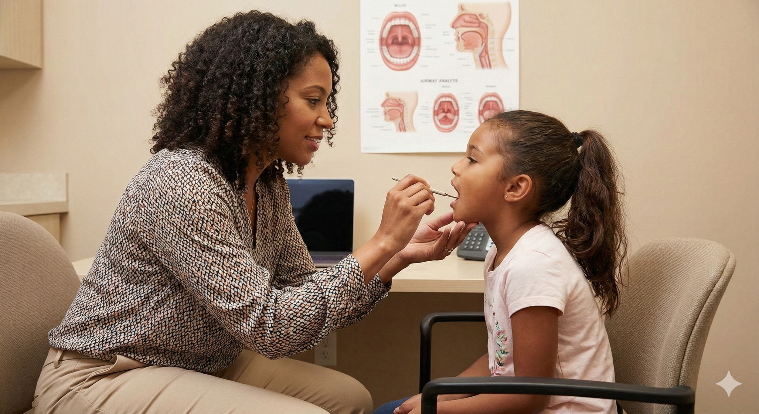 A female therapist of ambiguous ethnicity conducts an oral-motor or airway evaluation on a young child of ambiguous ethnicity during a myofunctional therapy session in a clinic
