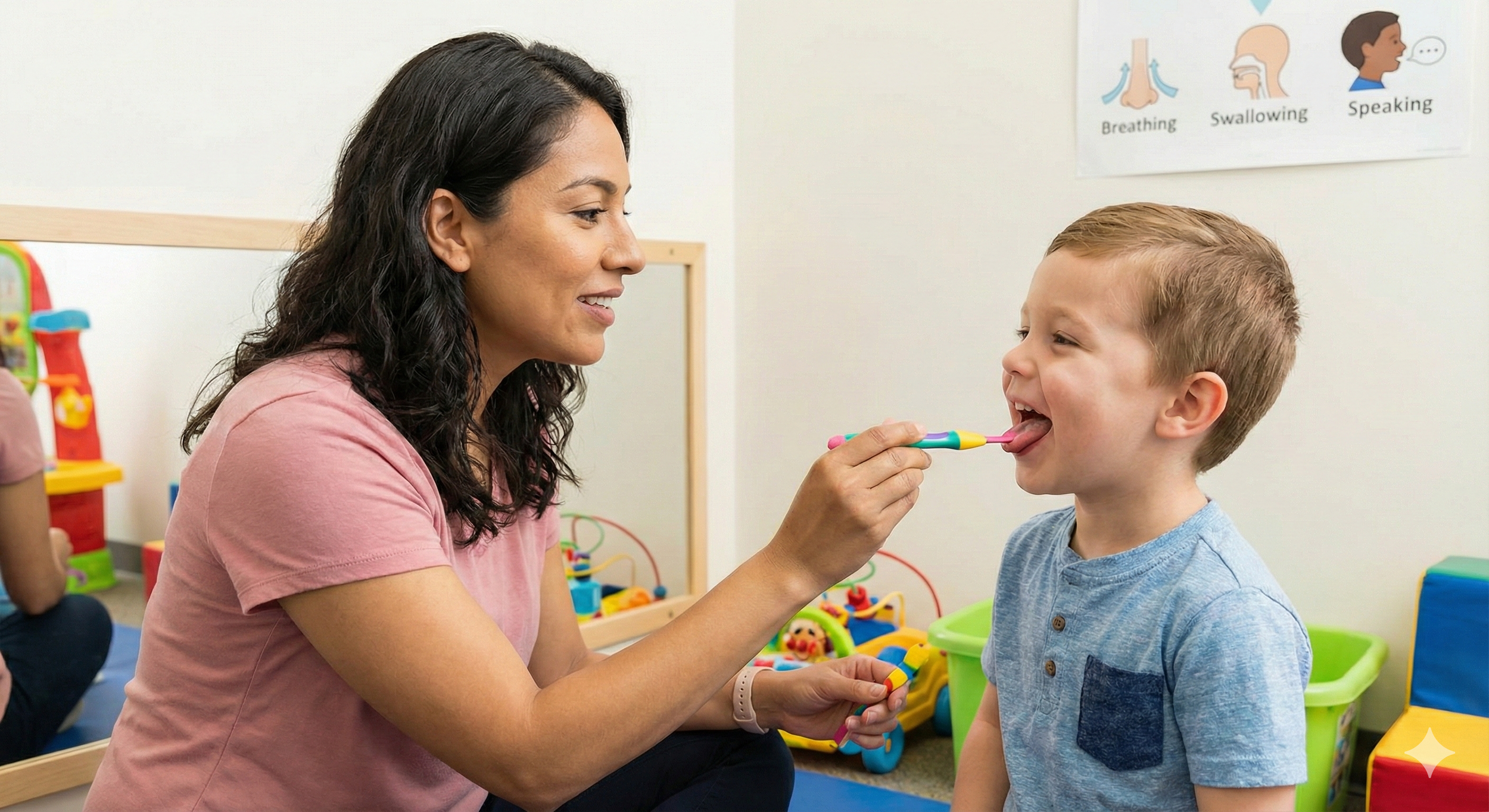 a myofunctional speech therapist helps a child by feeding him with a spoon during an in-office therapy session.