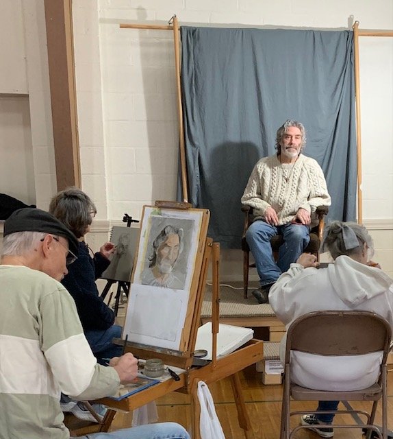 This is a Saturday Artist Workshop week! 
Join us this Saturday from 9 until noon at the hall behind the church on Bradford Common to work on portraiture from a live model or a still life. Only $5 and no pre-registration required. All ages and skill 