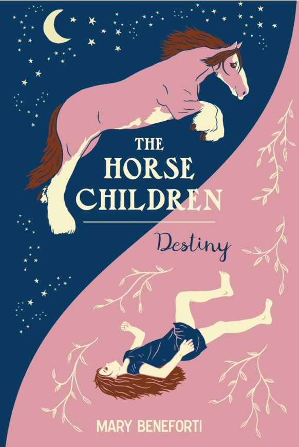 Cover for The Horse Children with a pink horse on blue background with stars on one half and a girl in a blue dress on a pink background with leaves on the other half.