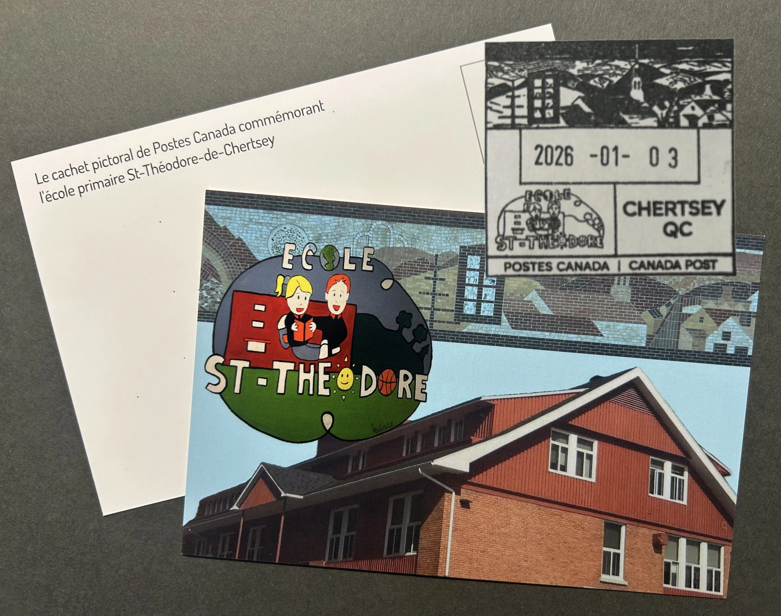 commemorating the pictorial cancel for école primaire st-théodore-de-chertsey. sent individually with the postmark.