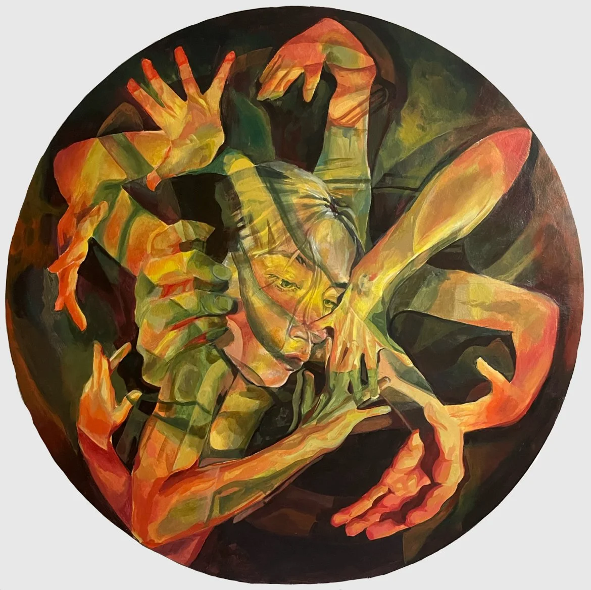 Vessel by Caitlyn Manthorpe, a circular painting of a figure with many outstretched hands in green, orange and gold