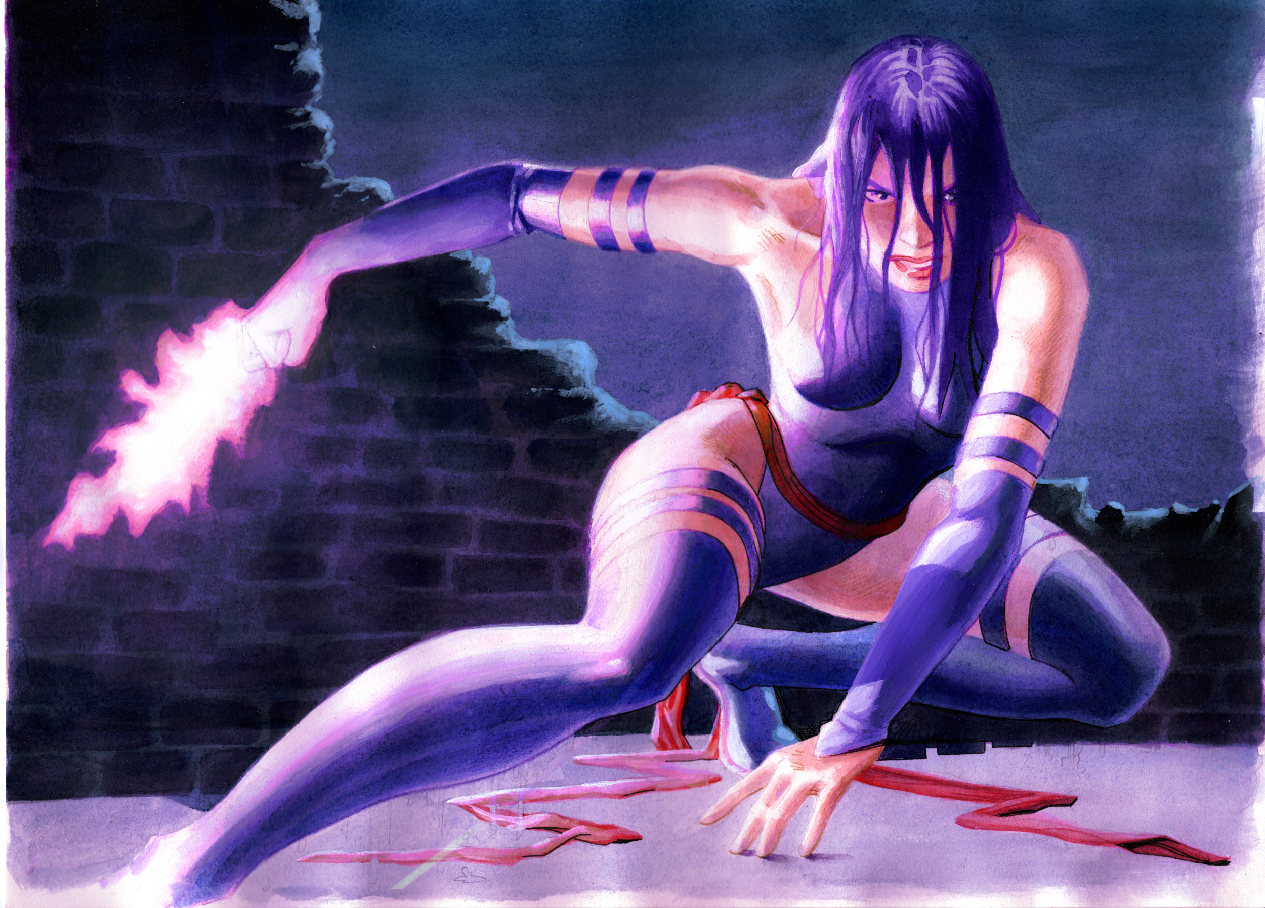 An illustration of a fierce Psylock in classic 90's ninja costume.with purple hair, in a three point pose on the ground with her hand outstretched, emitting pink energy from her hand, set against a dark brick wall background.