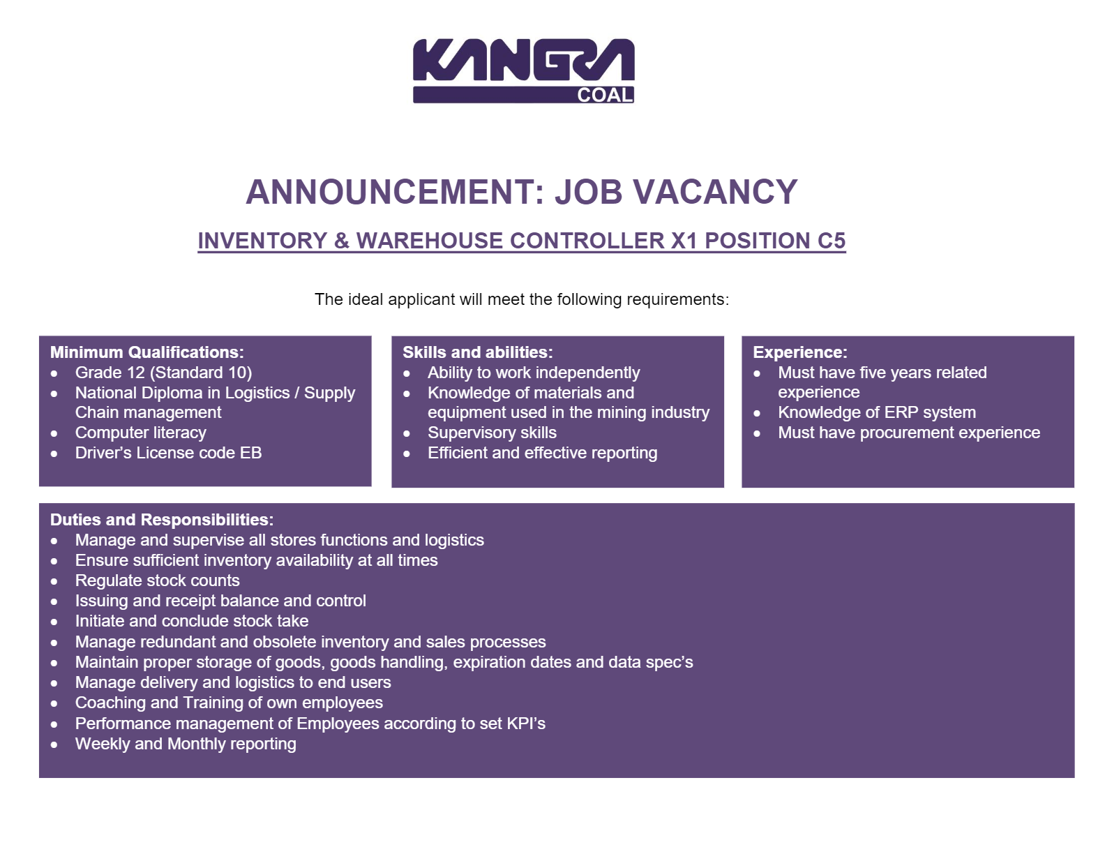 Job Post: Inventory &amp; Warehouse Controller