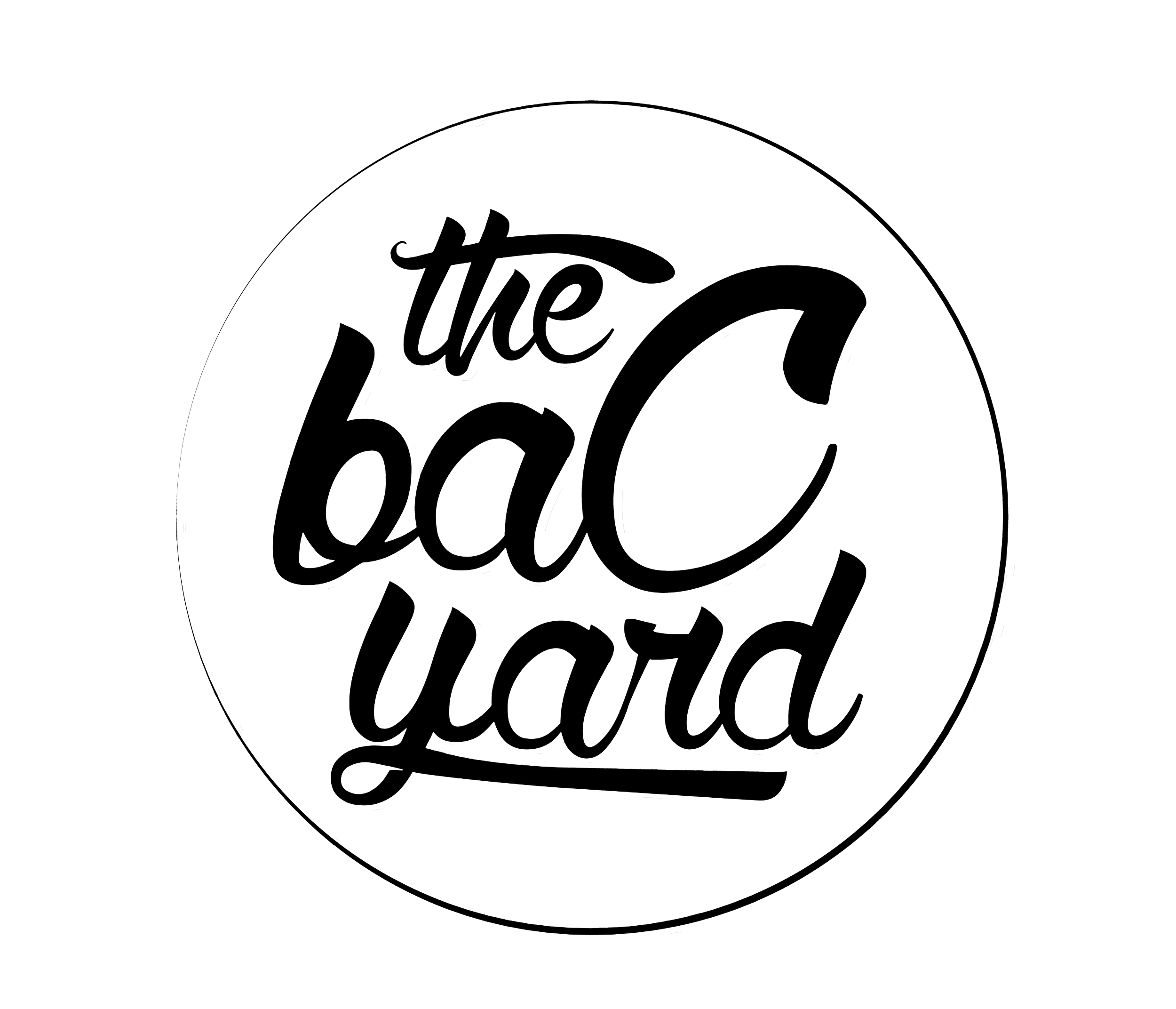 Logo with the text "the back yard" in a circular design.