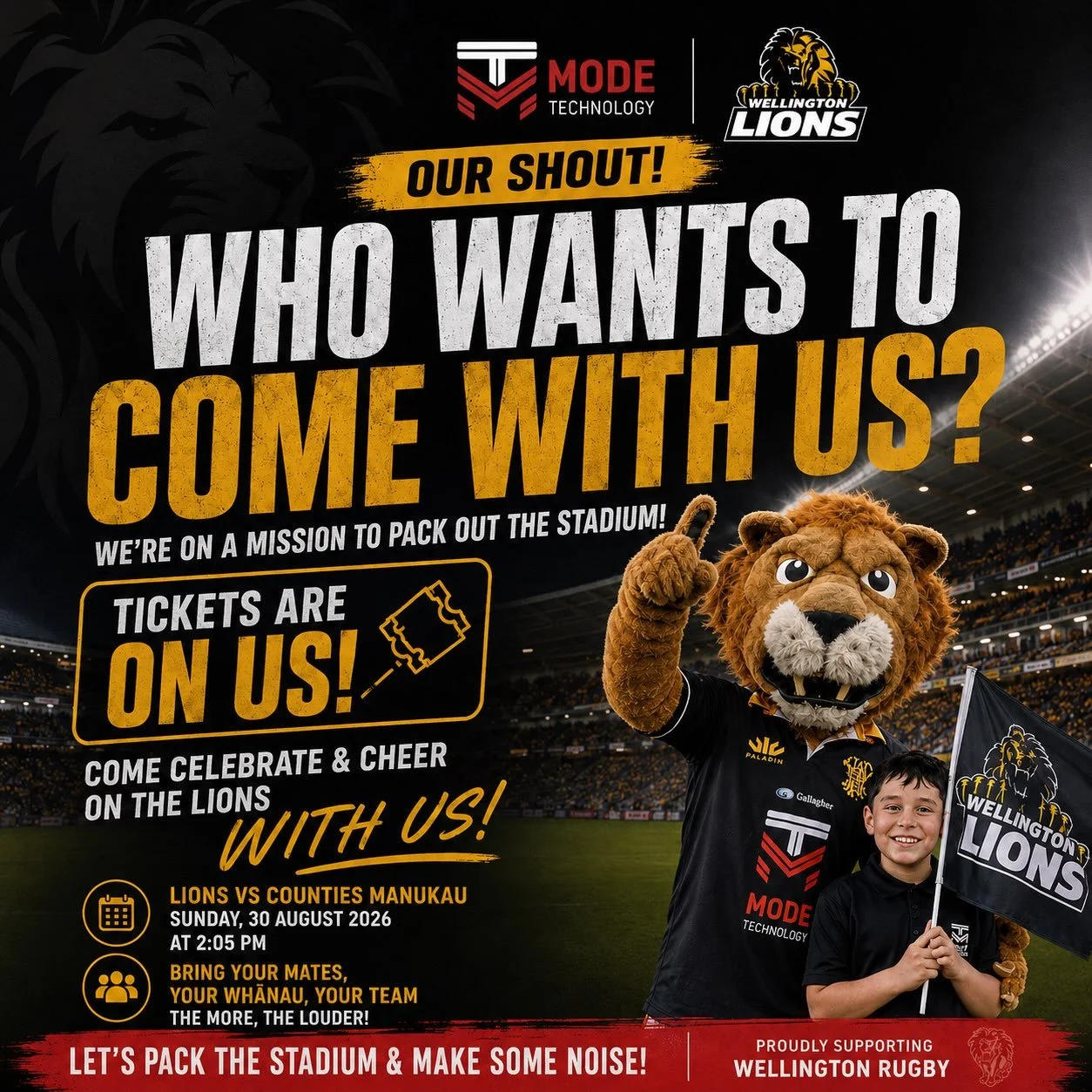 WE&rsquo;RE ON A MISSION TO PACK OUT HNRY STADIUM&hellip; AND YOU&rsquo;RE INVITED! 🦁

As proud Major Sponsors of the Wellington Lions, we&rsquo;re giving away FREE TICKETS !

📅 Lions vs Counties Manukau
🗓️ Sunday, 30 August 2026
🕑 2:05 PM

We&rs
