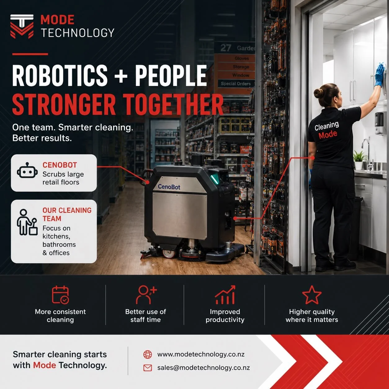 While our CenoBot is busy scrubbing the retail floor, our cleaning team is free to focus on the kitchens, bathrooms, offices, and all the high-touch areas that make the biggest difference.

That&rsquo;s the power of combining robotics with experience