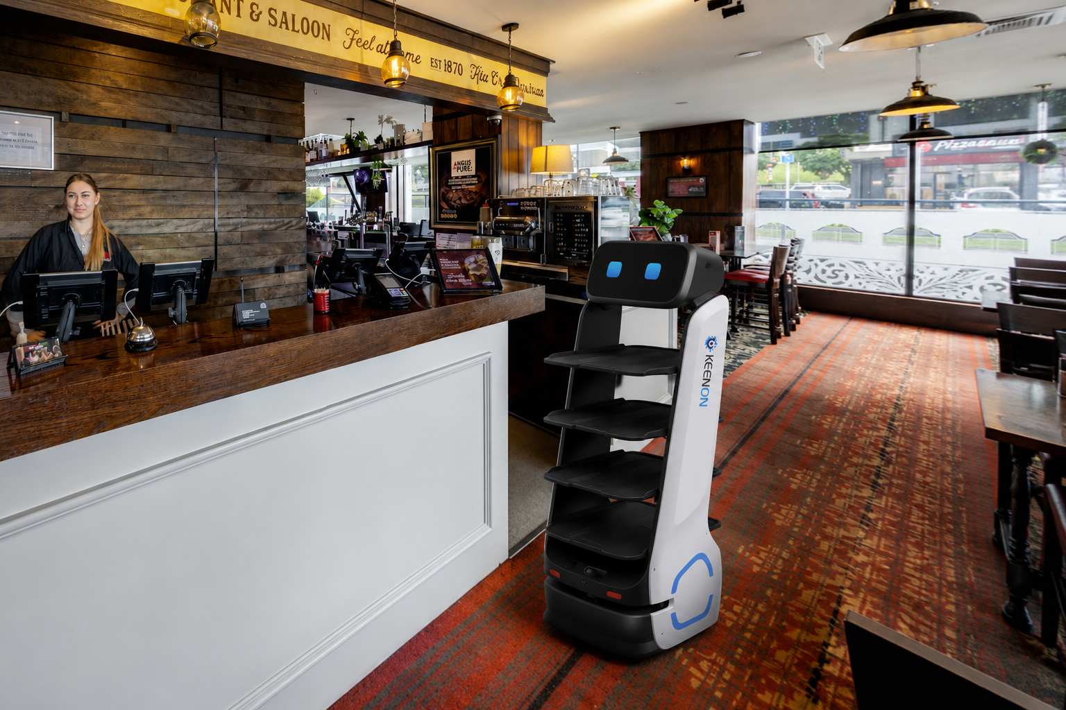 A robot with shelves stands in a restaurant near a wooden counter, with a staff member and ordering stations in the background. The restaurant has large windows and warm lighting.