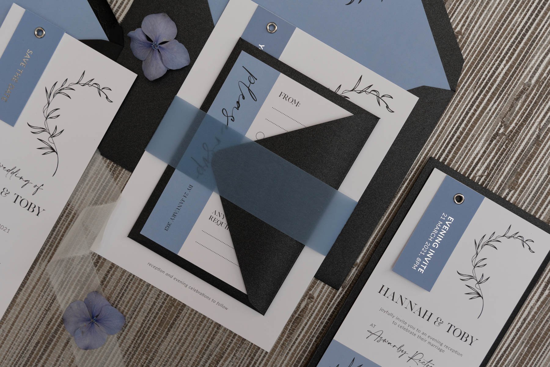 Minimalist Luxe collection in 'Cornflower', with silver-foiled tags, and Black Luxe pearlescent envelope.
