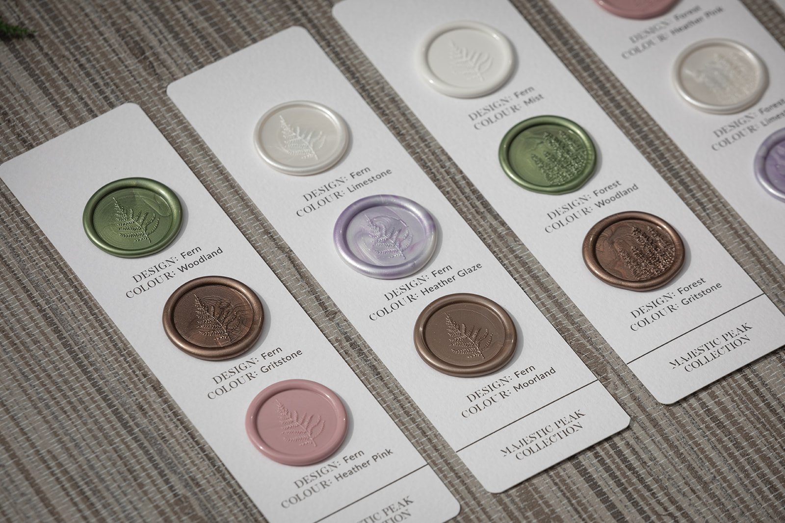 Majestic Peak wax seal colours and designs.