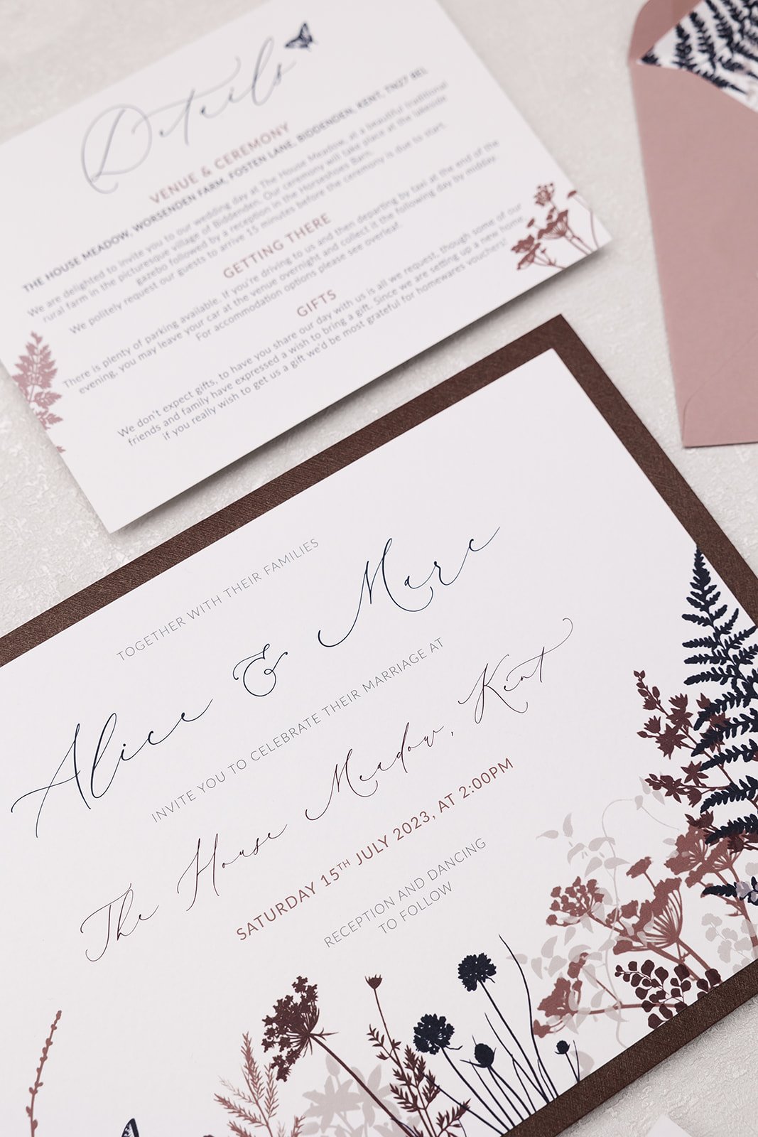 Rustica Meadow Day invite and Details card