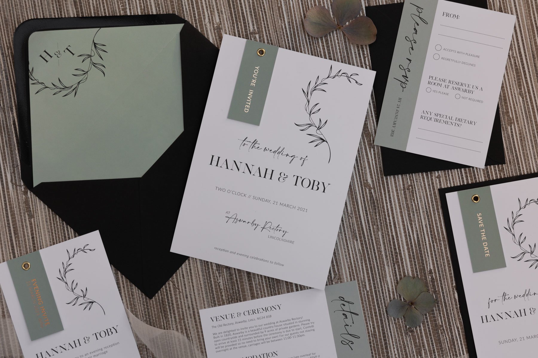 Minimalist Luxe collection in 'Sage', with gold-foiled tags, and Rich Black envelope.