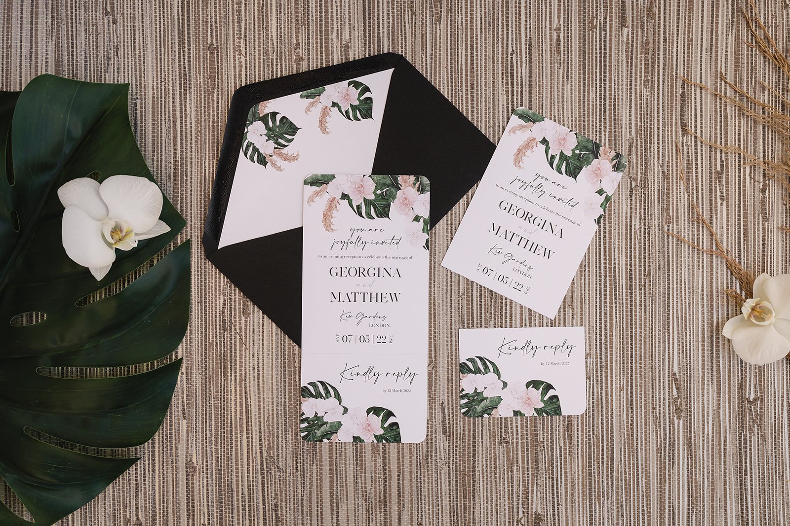 Evening invitation with perforated tear-off RSVP section and Rich Black envelope