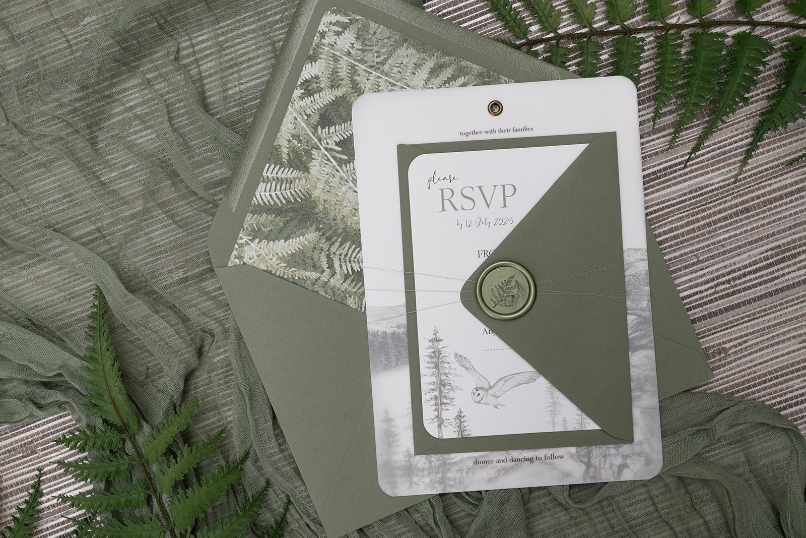 Day invite and RSVP bound with 'Fern' wax seal in 'Woodland' with 'Woodland Fern' envelopes.