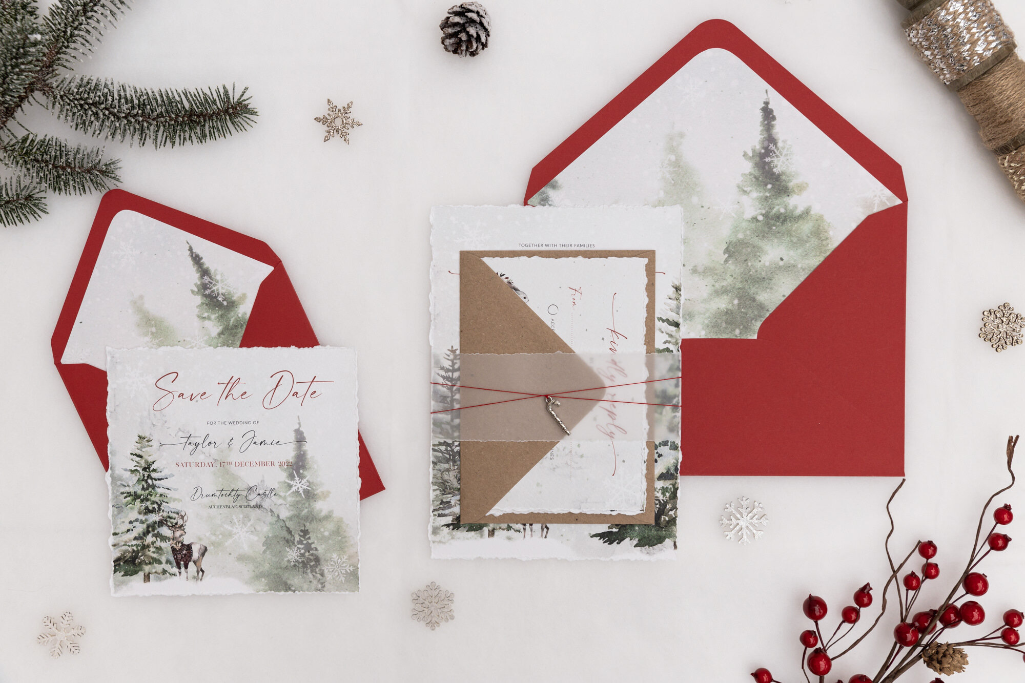 Winter Frost wedding stationery with mix-and-match 'Berry Red' and 'Rustic Kraft' lined envelopes