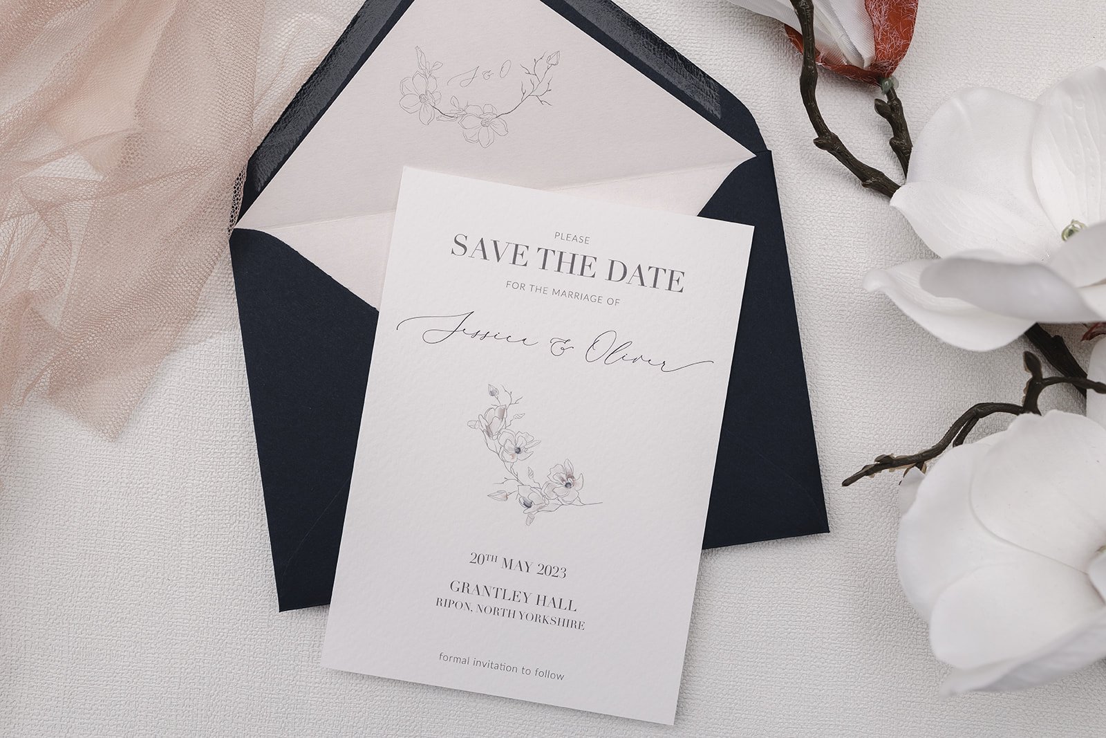 Save the Date with Classic Navy envelope and blush liner