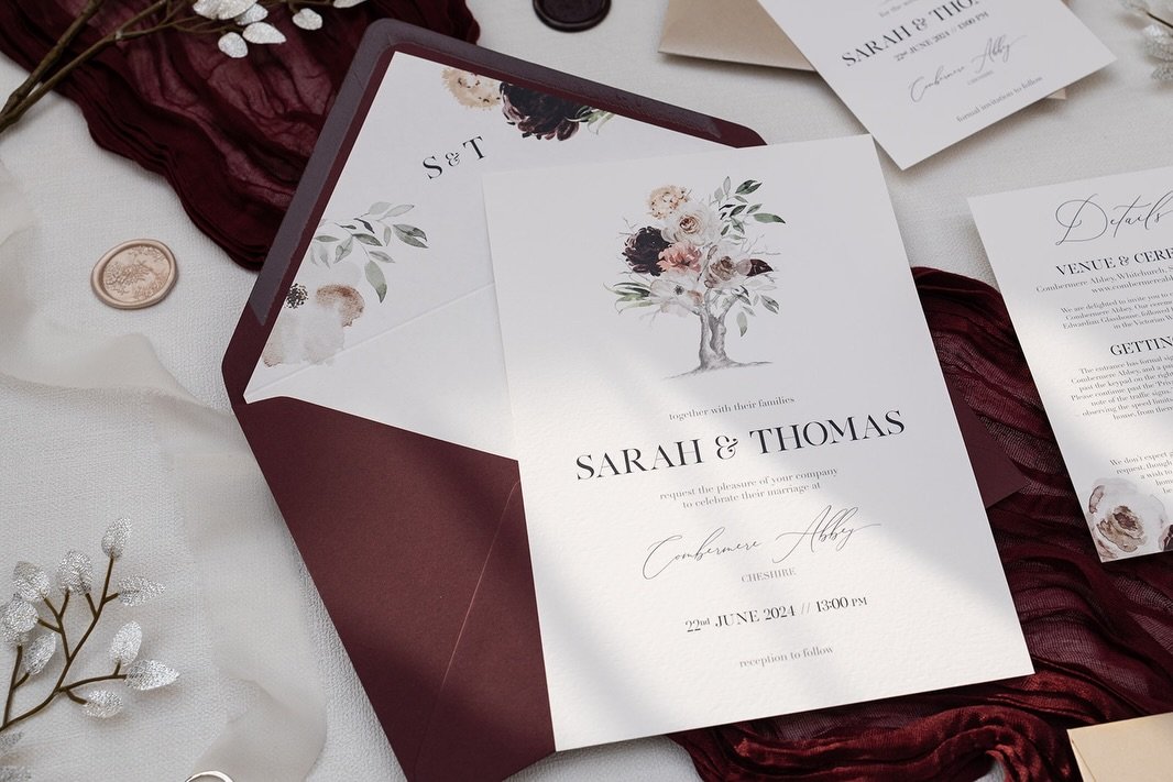 Elegant wedding stationery for the romantics at heart, the Splendour collection is inspired by a country garden in full bloom - with painterly florals and a refined palette of sage green, rich burgundy, soft rose, and deep navy, Splendour can be cust