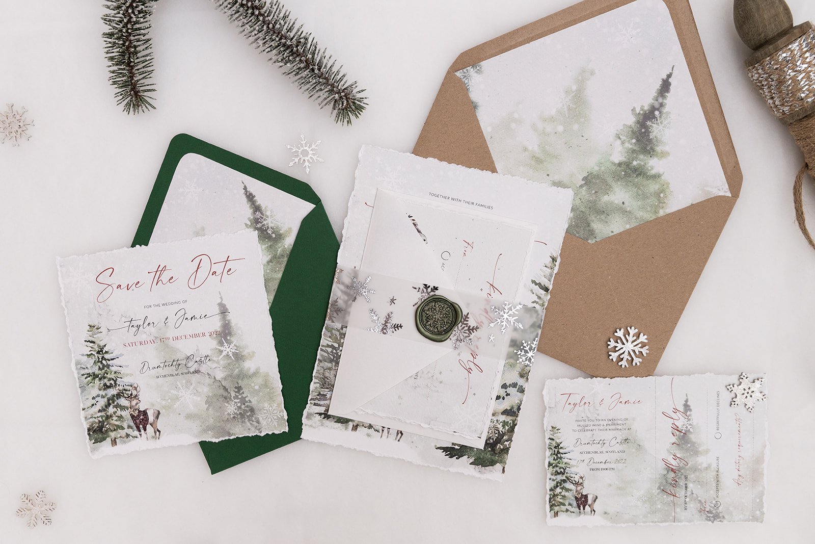 Save the Date, Day invite with RSVP, and evening invite with perforated tear-off RSVP section
