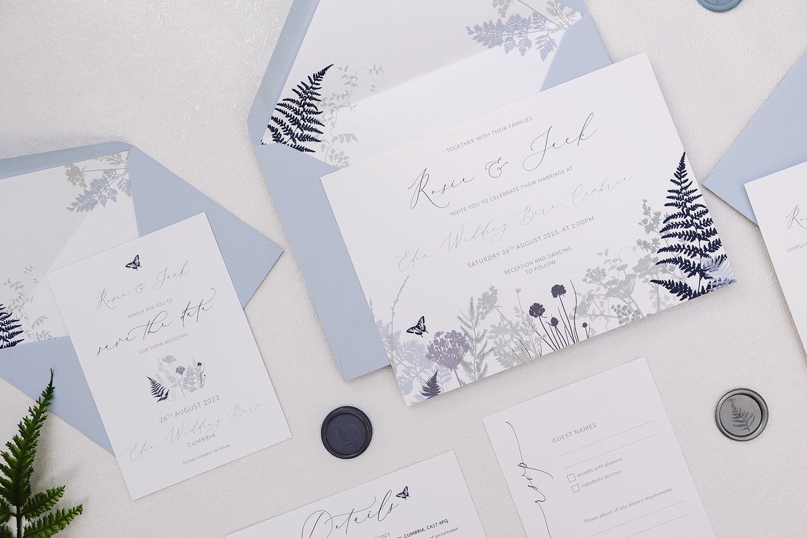 Day invite and Save the Date with lined envelopes in colour 'Forget-me-Not'