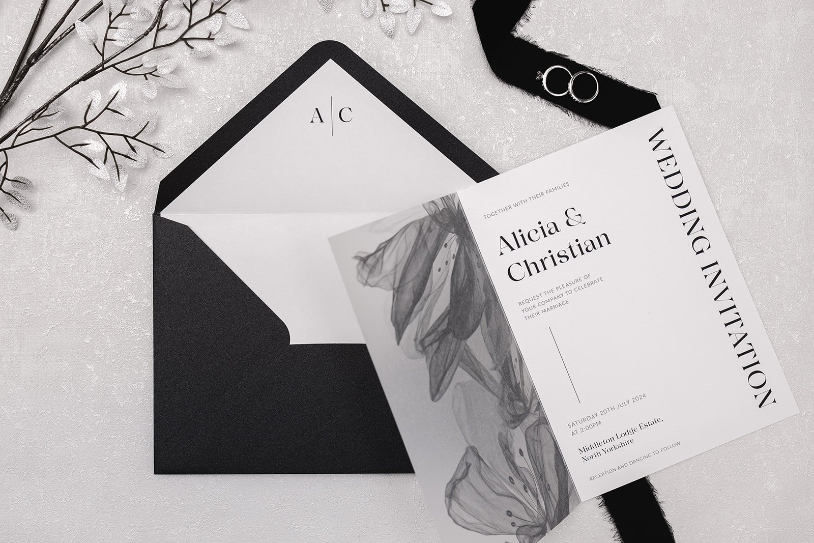 Day invite opened, with Black Luxe pearlescent envelope