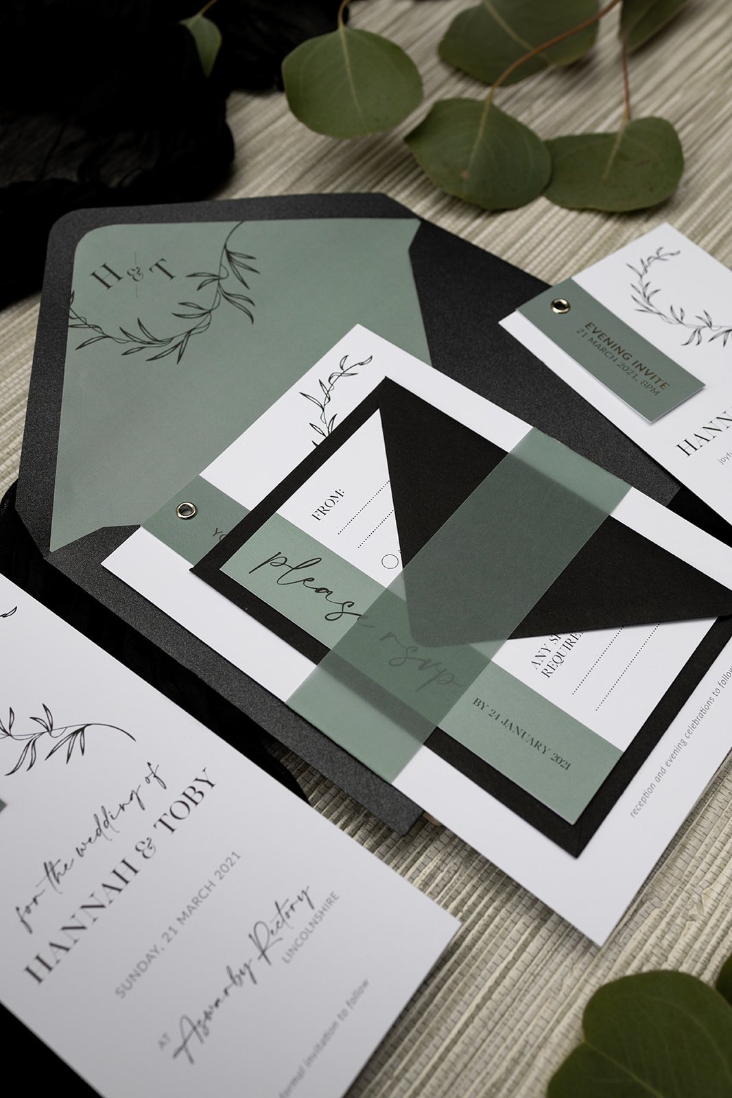 Minimalist Luxe collection in 'Eucalyptus' with silver-foiled tags, and matching belly band, with Black Luxe envelope.