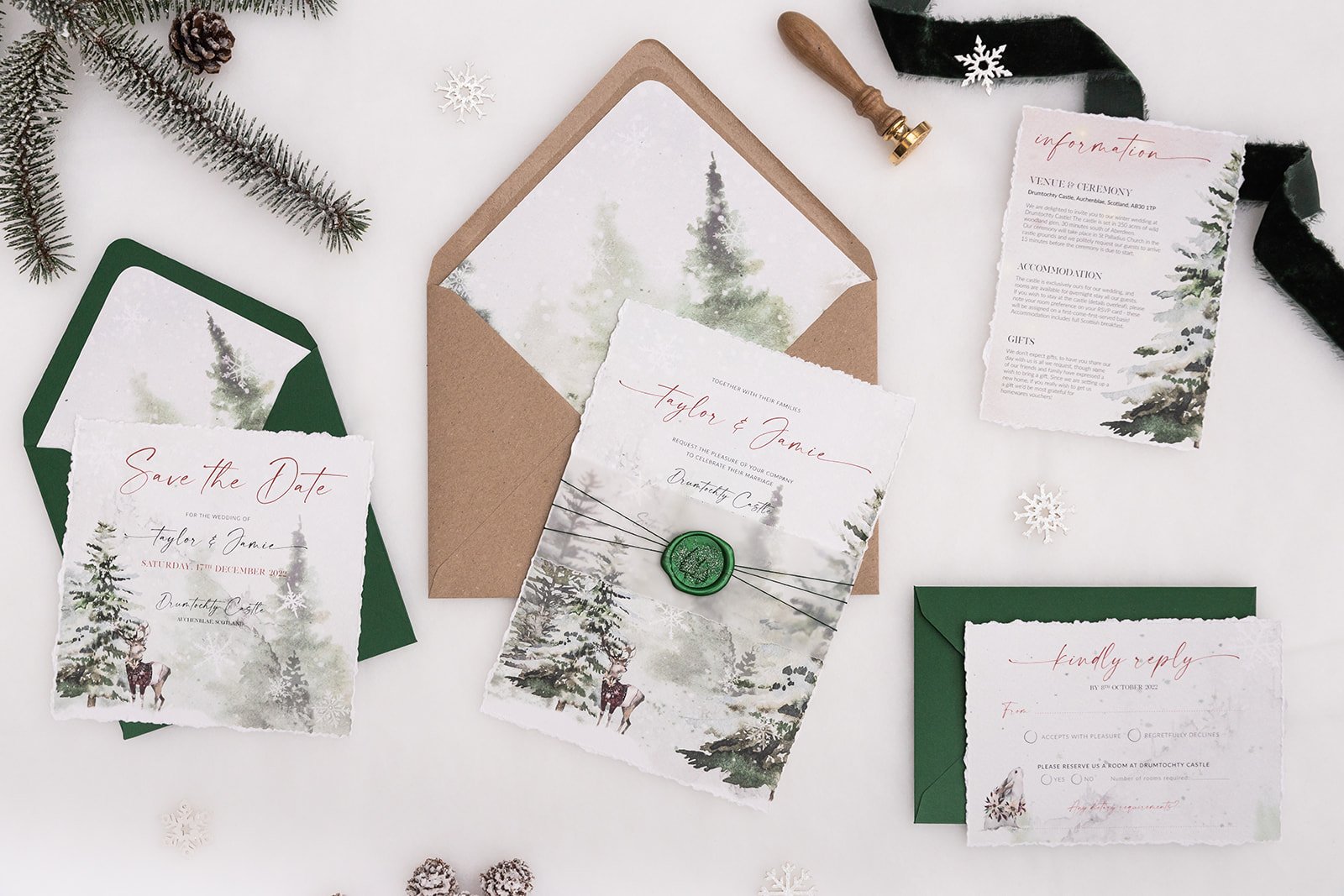 Winter Frost collection with plain deckle-edge vellum belly band and wax seal in 'Shimmer Pine'