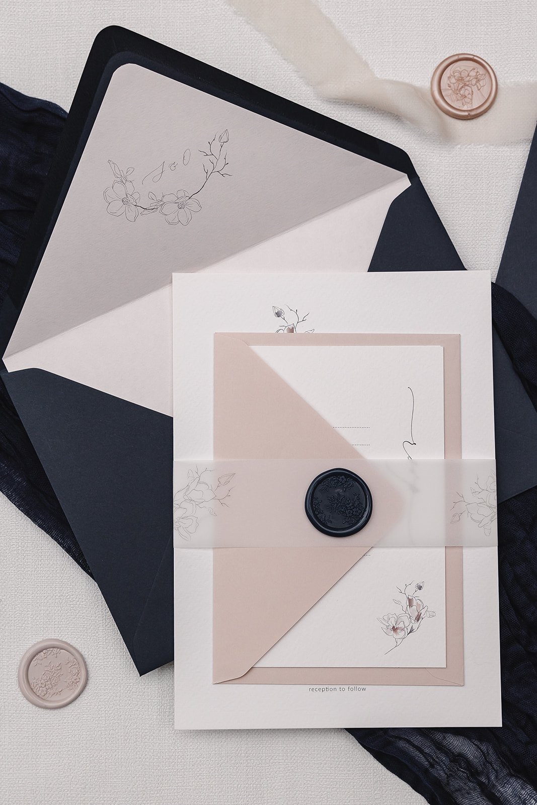 Day invite set with Classic Navy envelope and blush liner, with Blush RSVP envelope, vellum belly band and Bouquet design wax seal in 'Navy'