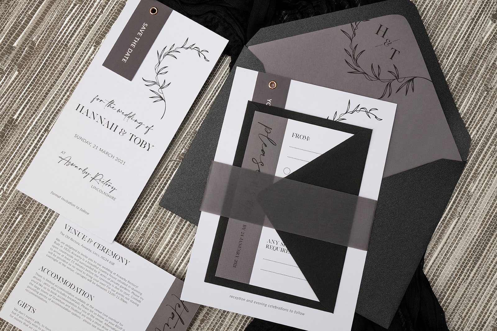 Minimalist Luxe collection in 'Mushroom', with rose-gold-foiled tags, and Black Luxe pearlescent envelope.