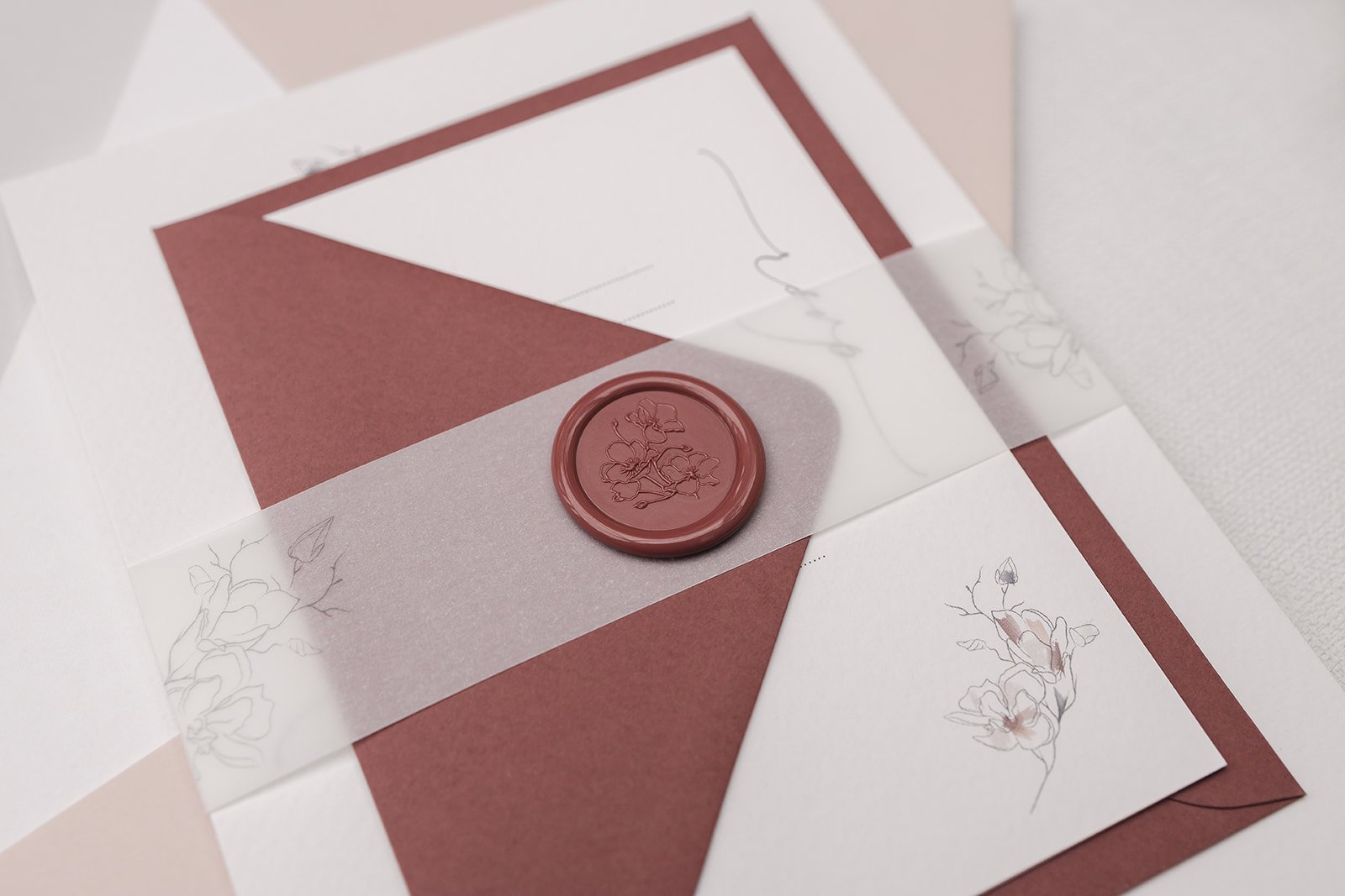 Day invite set with Rosebud RSVP envelope, illustrated vellum belly band and Magnolia design wax seal in 'Rose'