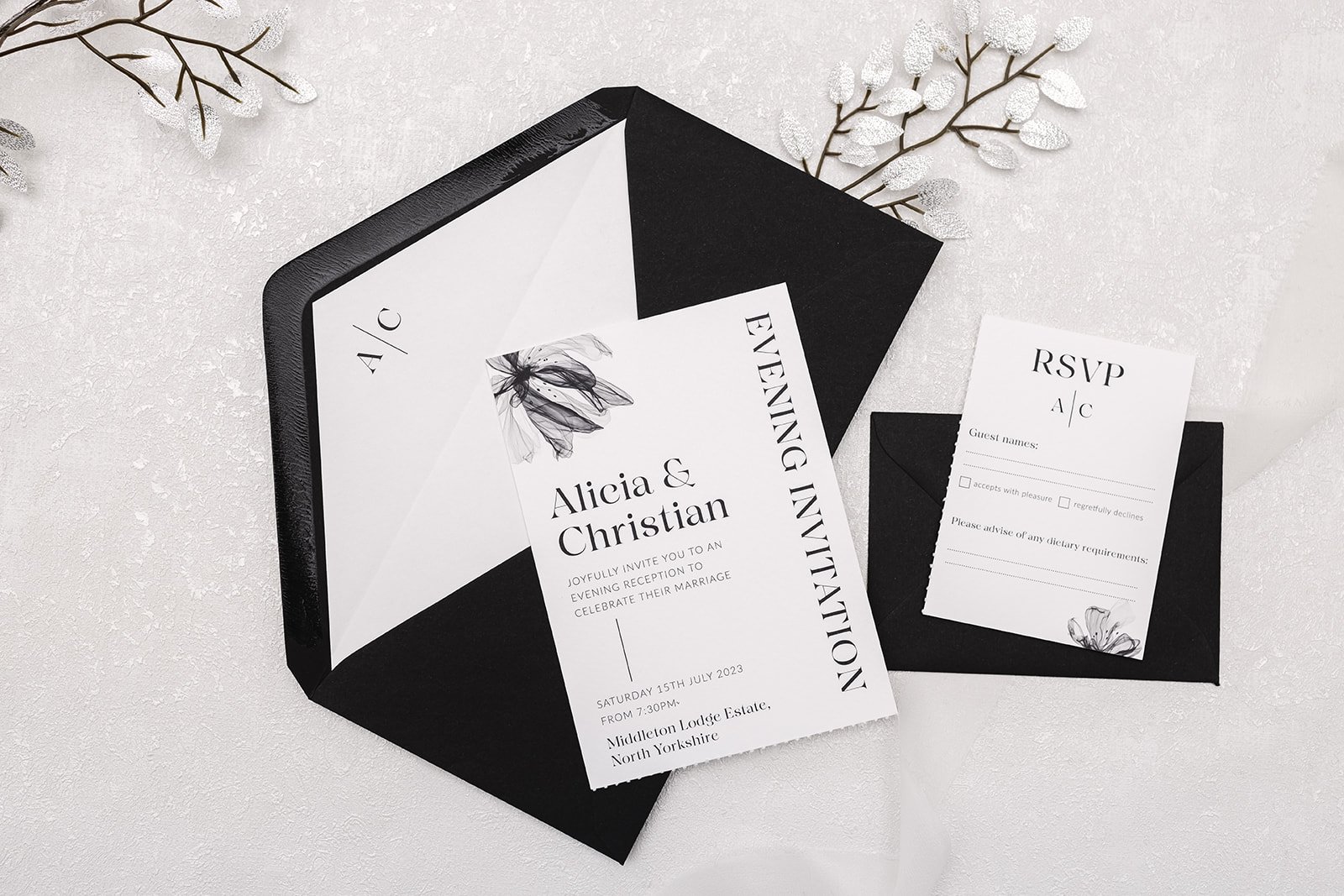 Evening invitation showing separated RSVP card and return envelope