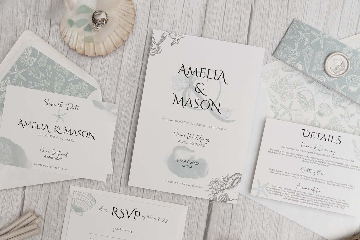 Beachcomber Sea Spray collection (standard), with lined 'Rippled Sand' envelopes