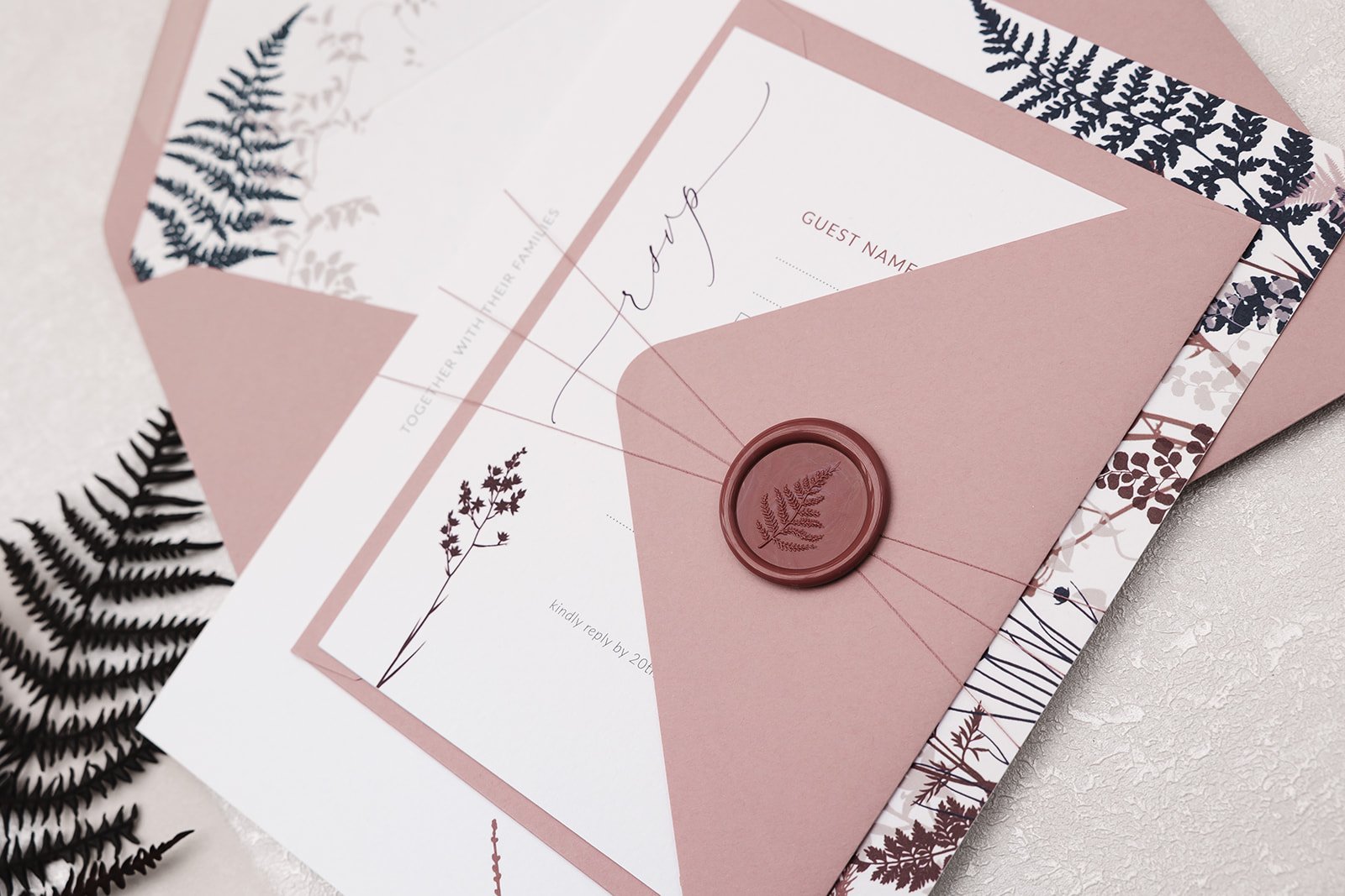 Day invite with RSVP, offset wax seal in 'Rose' colour, with 'Pink Mallow' envelopes