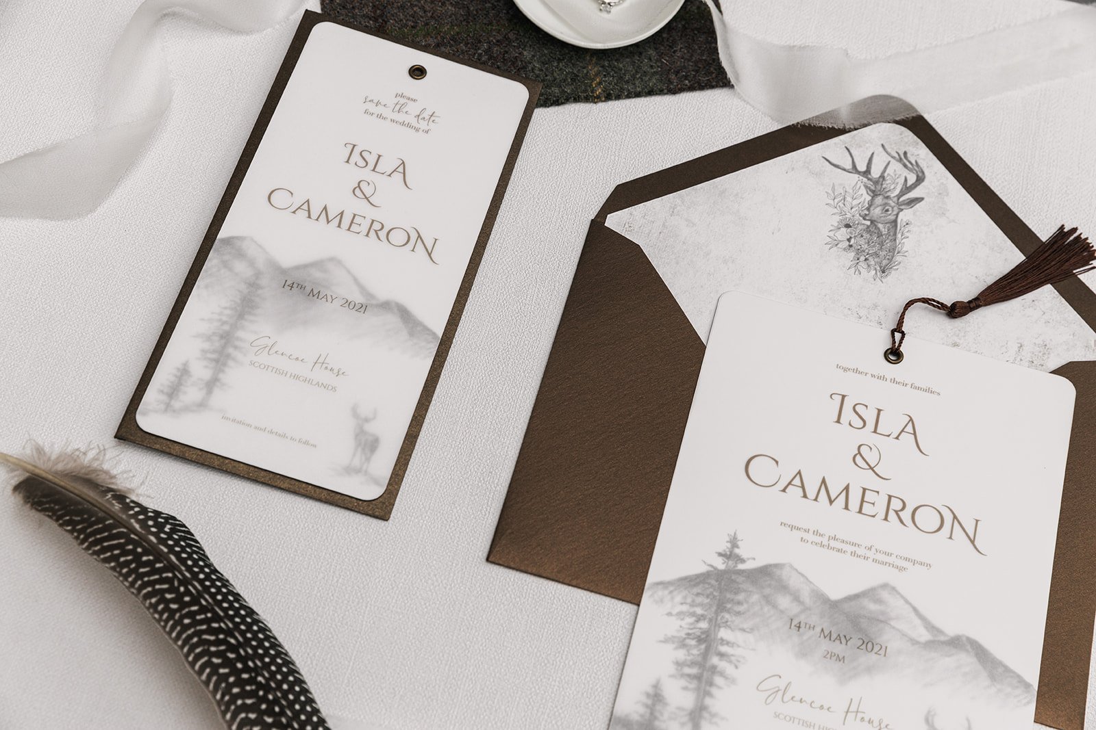 Highland Romance Save the Date and Day invite with lined Highland Bronze Shimmer envelope and optional tassel