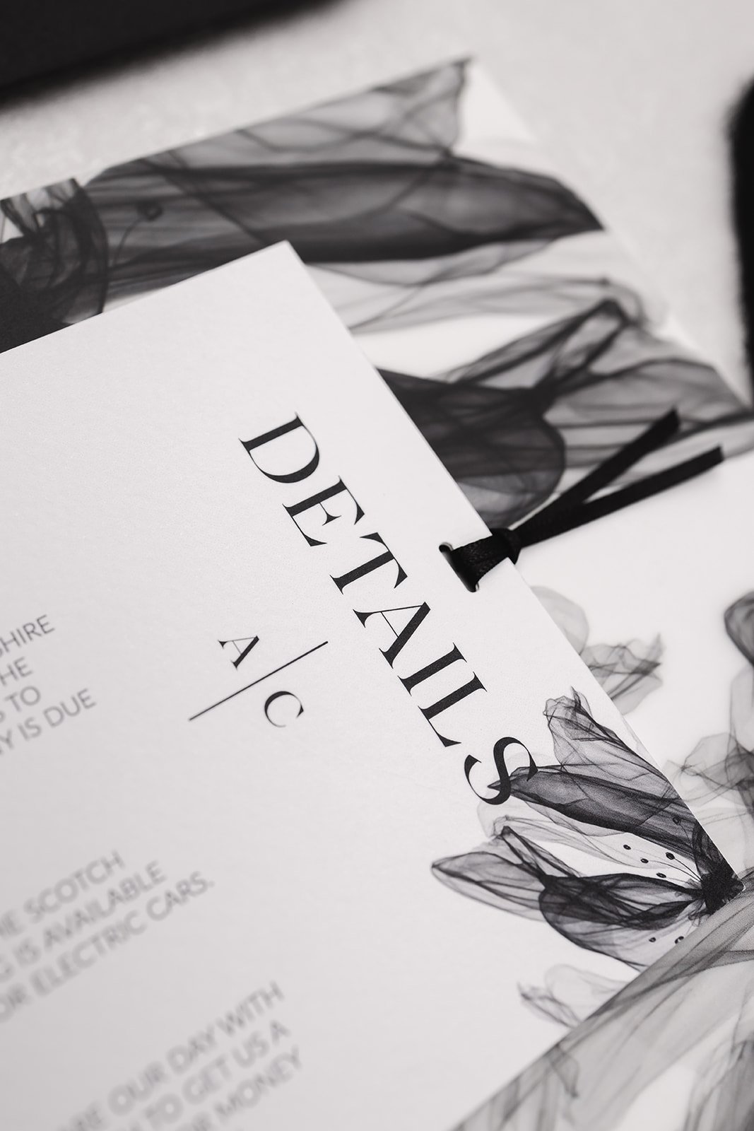 Details and RSVP card tied with black ribbon