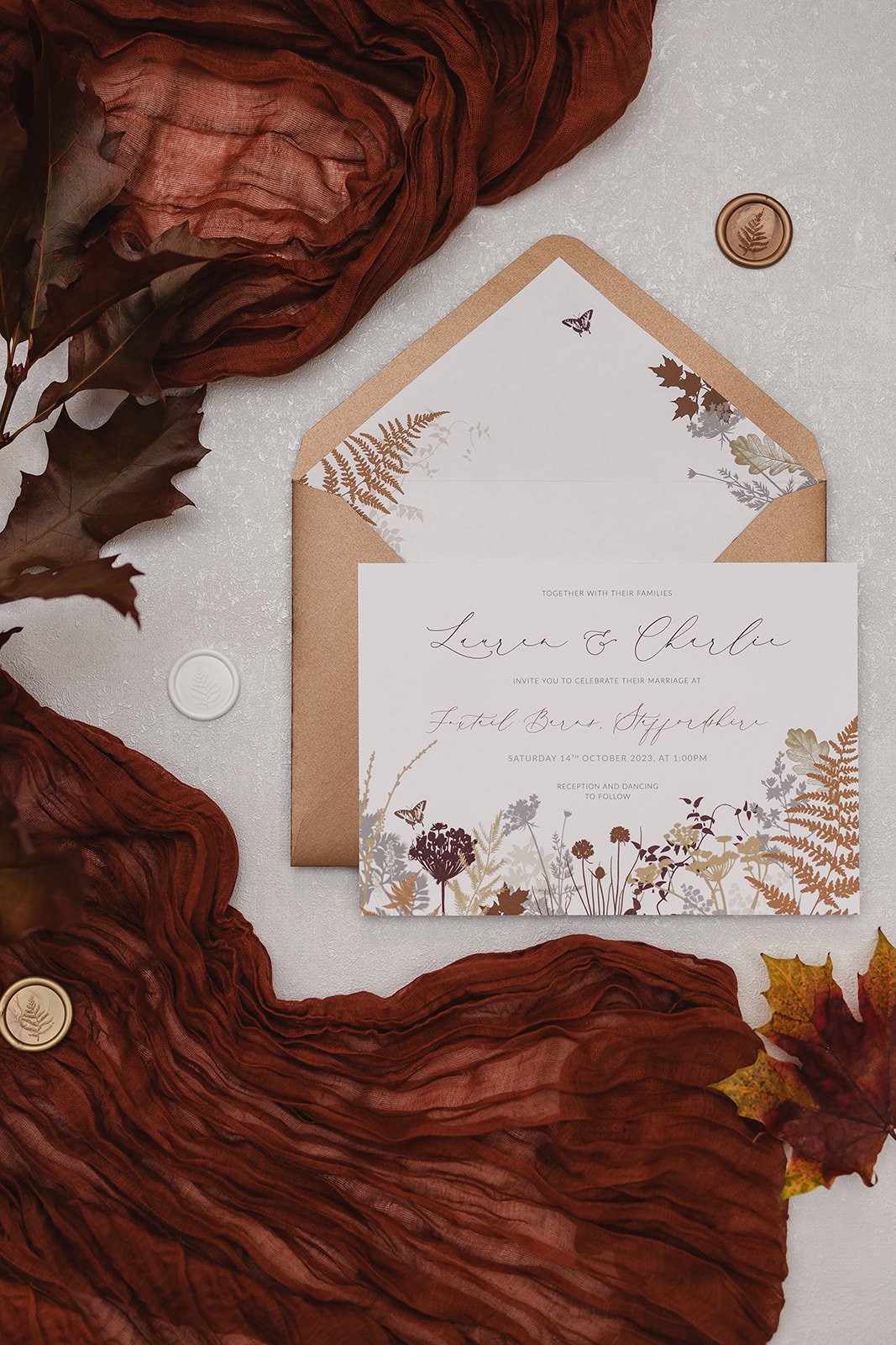 Autumn Meadow wedding day invitation with lined envelope in 'Toffee Glaze'