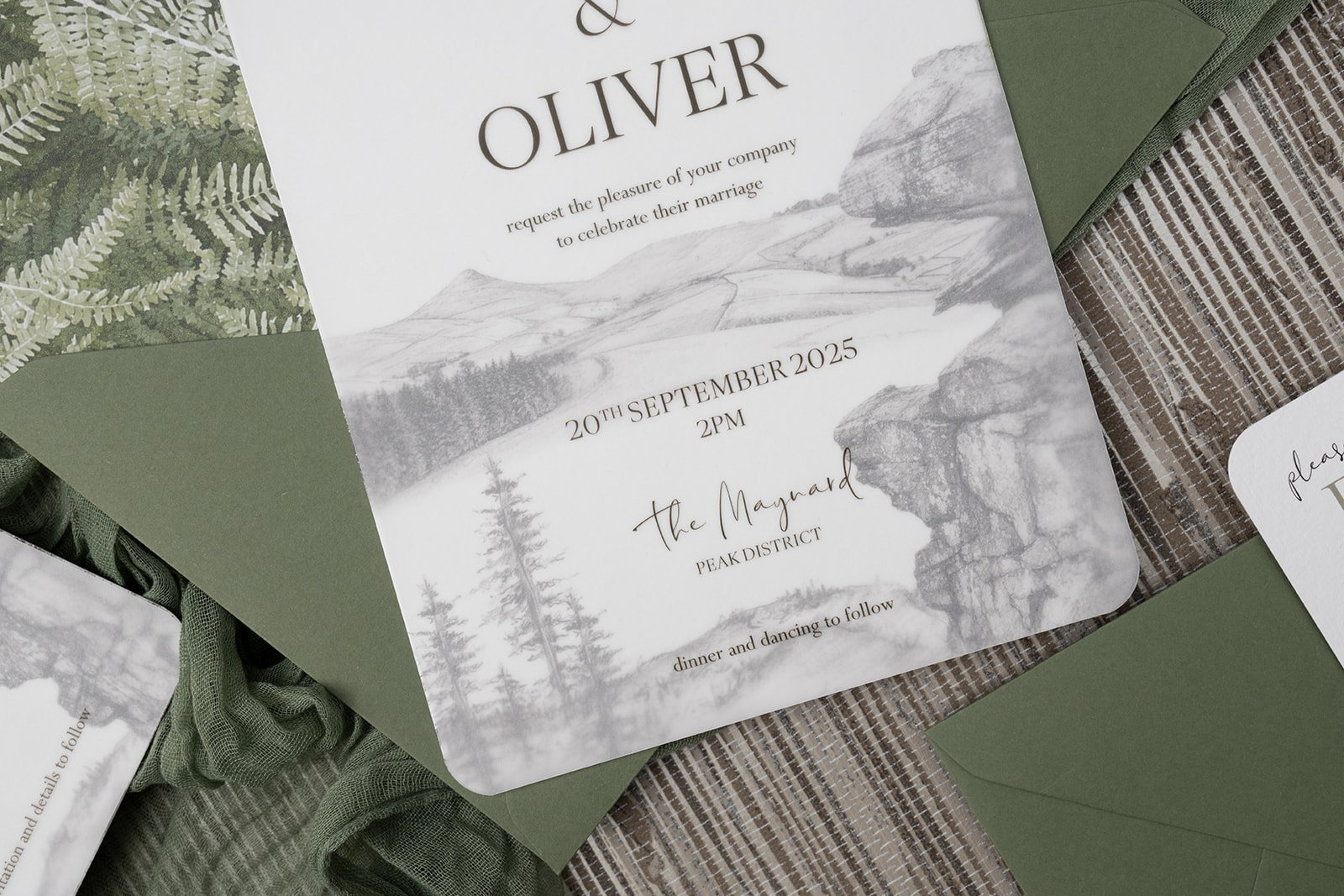 Majestic Peak invitation with Woodland Fern envelopes and green ferns liner