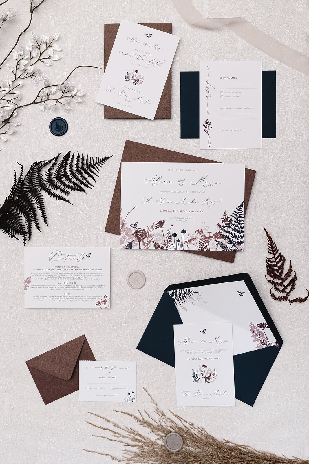 Rustica Meadow wedding stationery with 'Wild Rust' and 'Classic Navy' mix-and-match envelopes