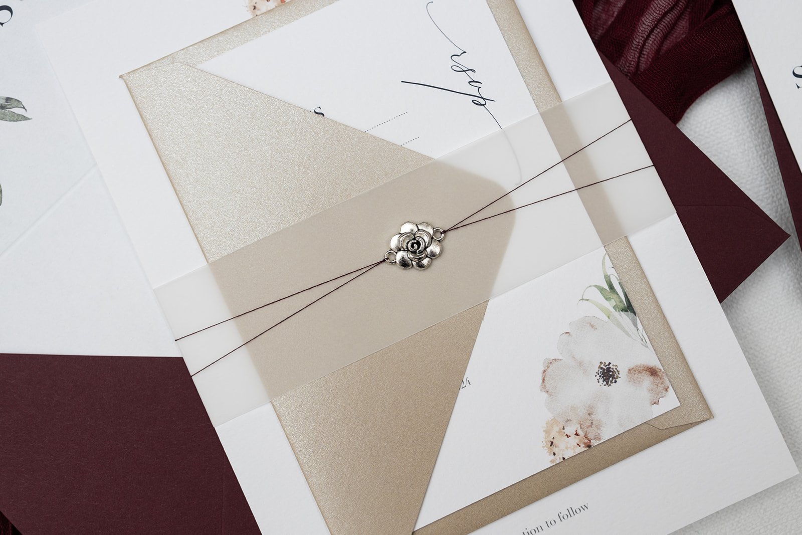 Splendour Charmed Invite™ with plain vellum belly band and pearlescent 'Sheen' RSVP envelope