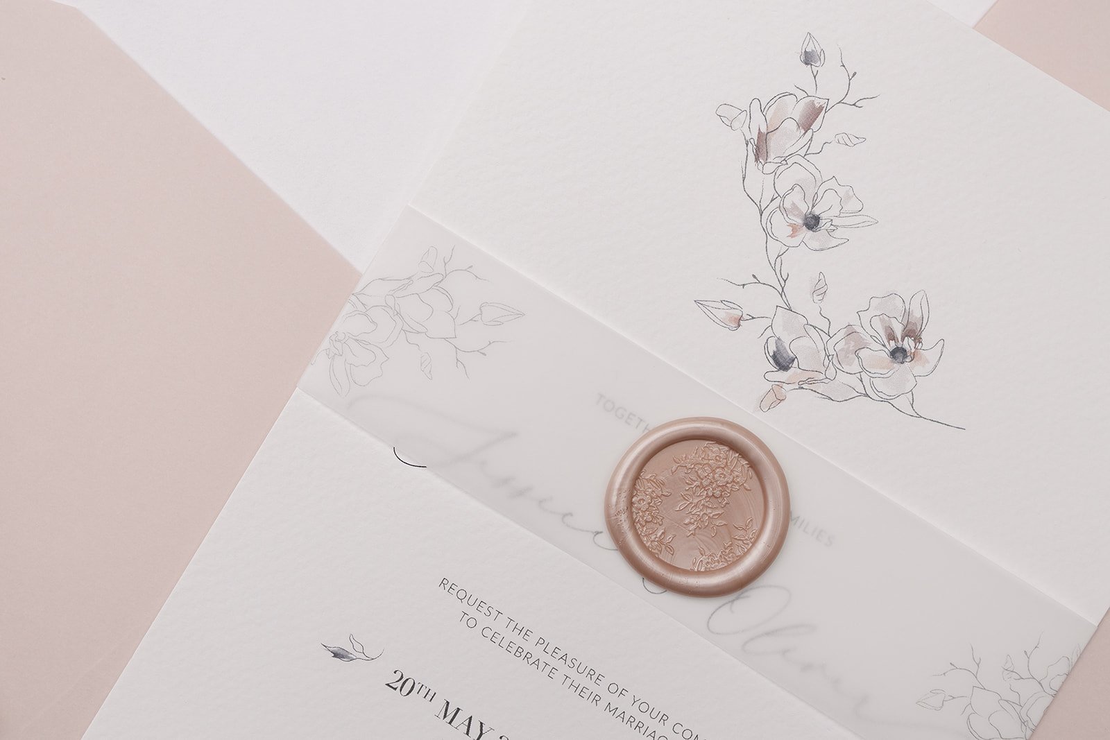 Day invite with illustrated vellum belly band and Bouquet design wax seal in 'Blushing' (pearl)