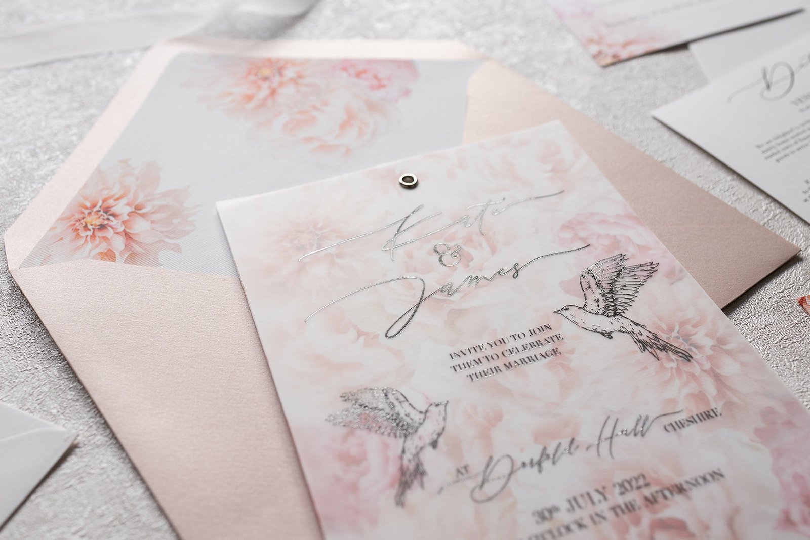 Silver-foiled Day invite with lined 'Rose Gold Shimmer' envelope