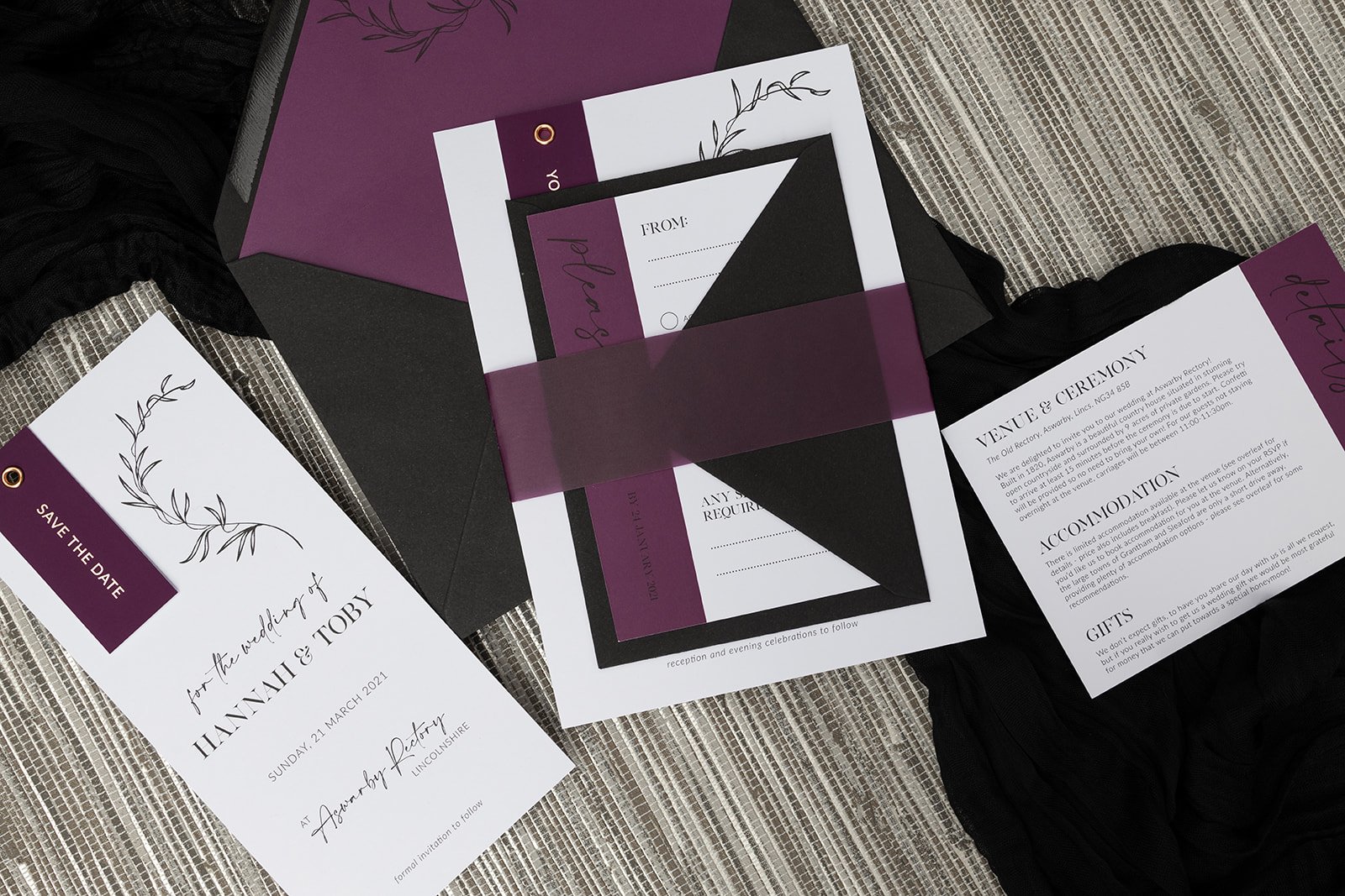 Minimalist Luxe collection in 'Plum', with rose-gold-foiled tags, matching vellum belly band, and Rich Black envelope.